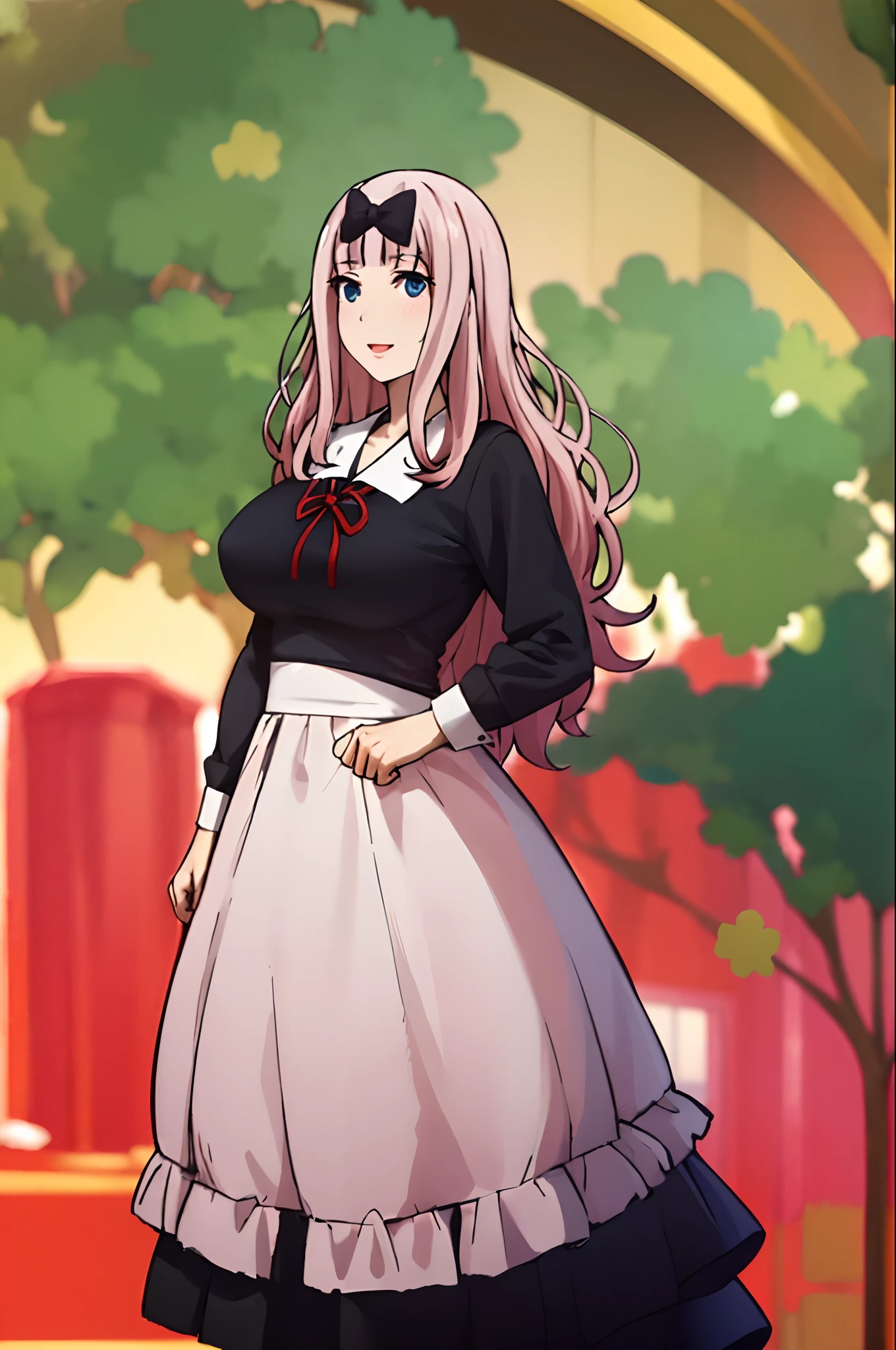 best quality, (masterpiece:1.2), detailed, fujiwara chika (kaguya-sama), 1girl, solo, open mouth, smile, pink hair, blue eyes, long hair, school uniform, black dress, hair bow, black bow, red ribbon, standing, hands together, looking at the viewer, classroom, huge breast, lingerien, bimbo, red lips