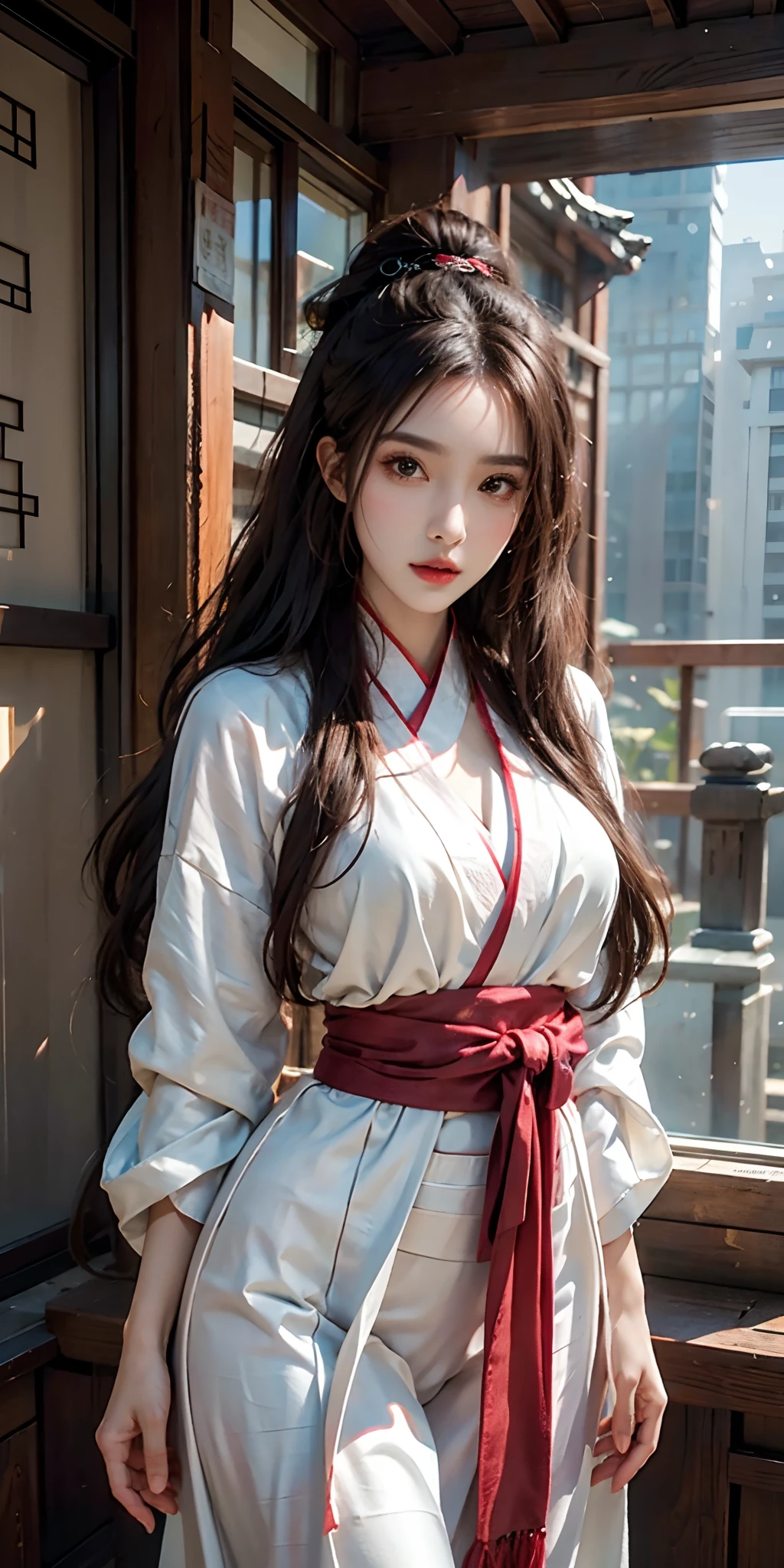 photorealistic, high resolution, soft light,1women, solo, hips up, look at viewer, (detailed face), long hair, Beautiful girl, hanfu, east asian architecture,sheath,architecture, tattoo, jewelry