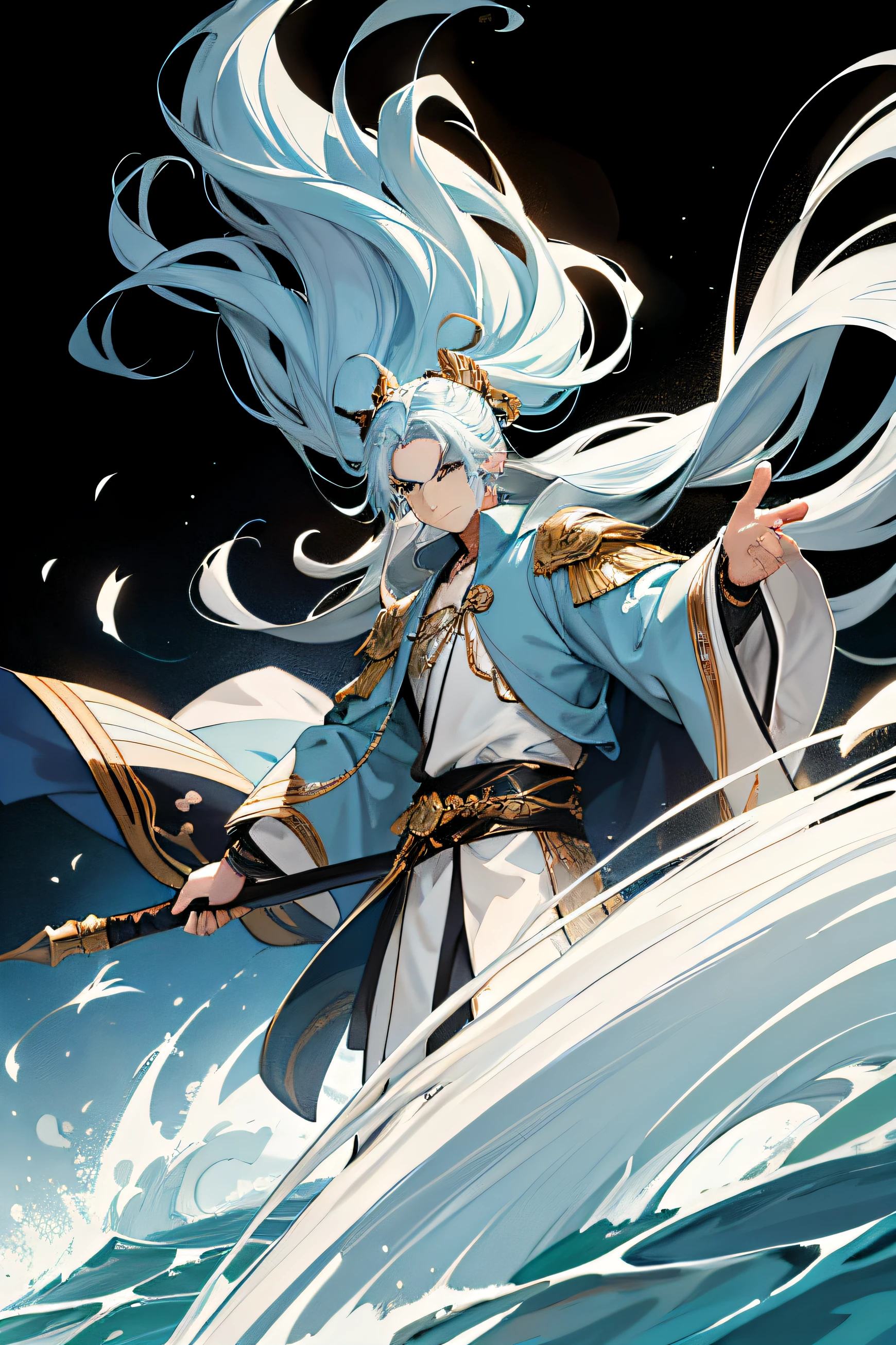 adult man,A man with long hair,Wear a light blue robe,The robe has a gold pattern,Hair is blown up by the wind,Character battle screen scale 1/6,Black and white background,high qulity,face repair,Hand repair