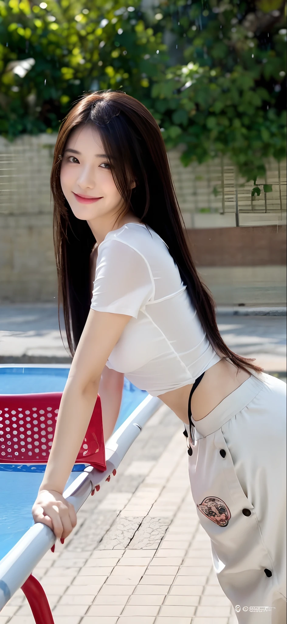 ((Best Quality, 8k, Masterpiece:1.3)), Focus: 1.2, Perfect Body Beauty: 1.4, Buttocks: 1.2, ((High Ponytail, Collarbone: 1.2)), (Short Skirt: 1.1) , (Rain, Street:1.3), Highly detailed face and skin texture, Fine eyes, Double eyelids, Whitened skin, Long hair, (Shut up: 1.3), Smile, Long legs, Full body, Best proportions of four fingers and one thumb, Smiley face, Face texture: 1.3, Sunshine, Summer, collarbone, beautiful eyes, real face, real skin, realistic face, realistic skin, detailed eyes, detailed facial features, detailed clothing features, detailed face, chest contour, tight fit, POS random, upper body silk wrap: 1.4