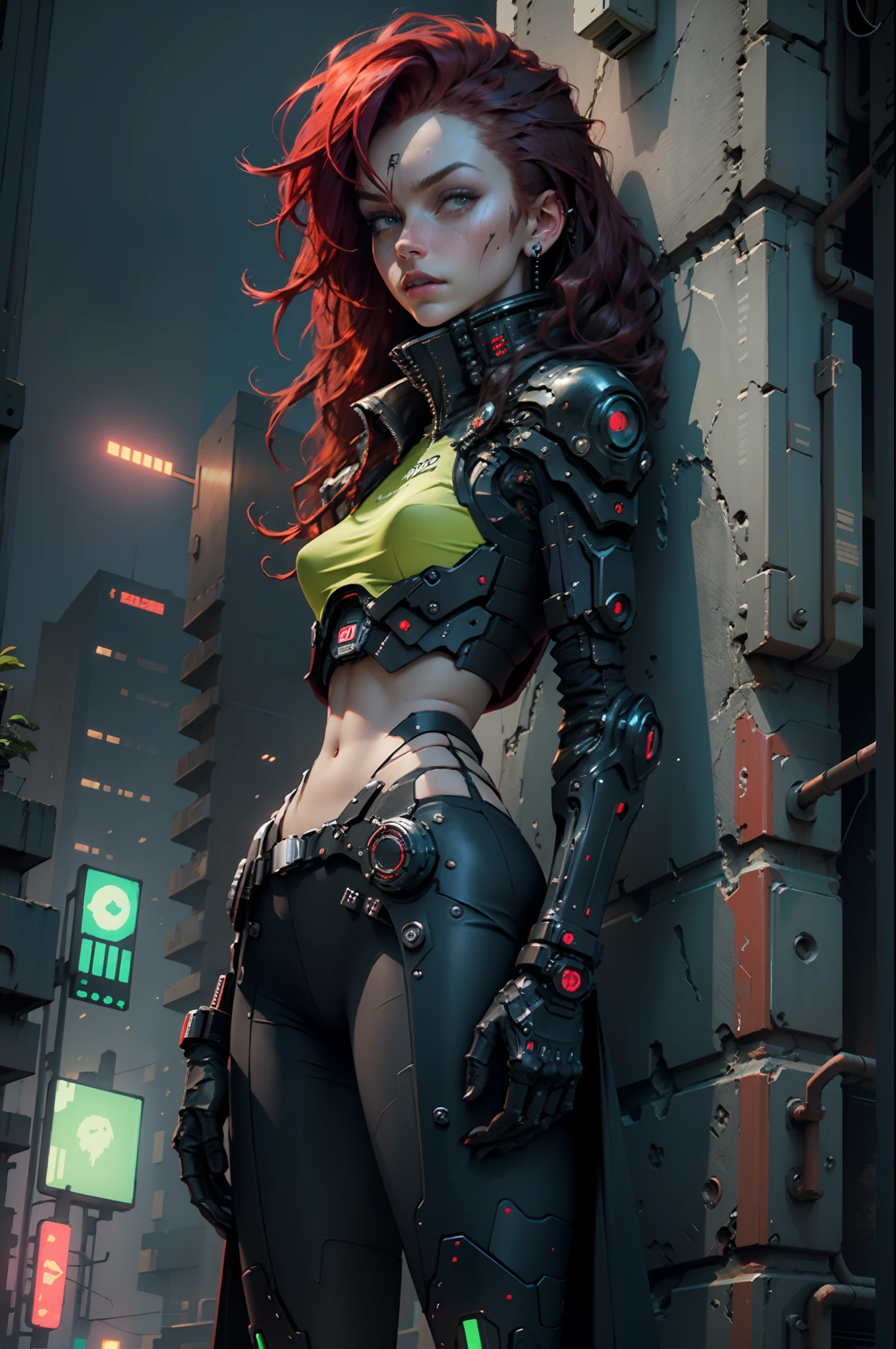 dark red wildly hair, Woman, cybernetic body parts, black and green clothes, standing in the middle of cyberpunk city, tall futuristic building, night