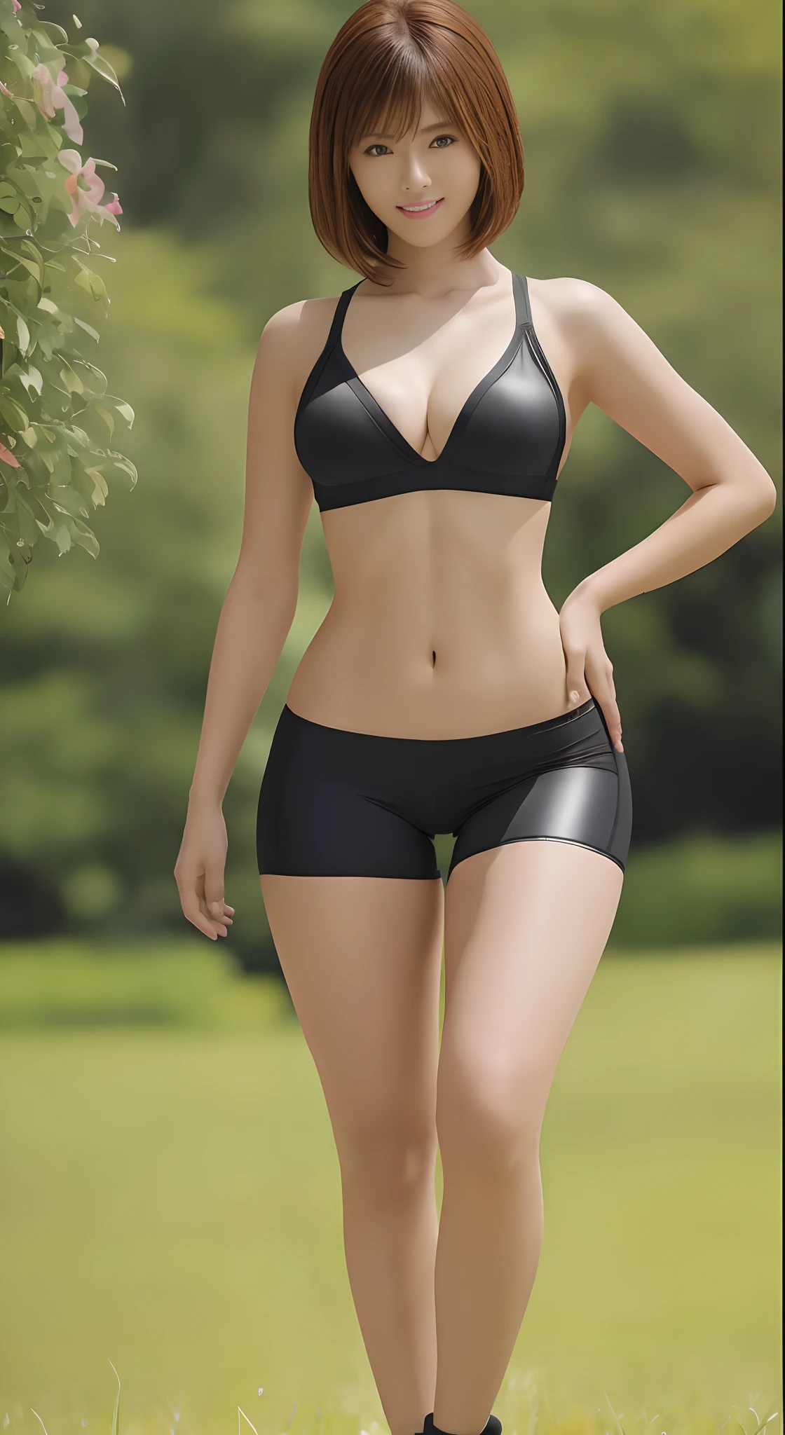 (16k, ultra high res, best quality, high quality, masterpiece:1.3), (a professional photo of girl), RAW photo, realistic illustration, (ultra detailed eyes and face), (ultra detailed beautiful skin),(Photos above the ankle:1.4), BREAK, solo photo, 1girl, standing, 25yo, beautiful, Petite facial features, Super Detail Beautiful Natural Skin, natural makeup, closed mouth, (brown hair), short hair, asymmetrical bangs, evil smile, narrow waist, slender, (wide hips:1.2), araffe woman in a white top and tight black bike shorts, photorealistic perfect body, beautiful japanese woman, standing, gorgeous young japanese woman, perfect body, wearing loose shirt, tight bike shorts, beautiful asian girl, attractive body, gorgeous model, realistic shaded perfect body, wearing simple clothes, loose T-shirt, low rise bike shorts, detailed abs, beautiful navel, cleavage, big breasts, she is very sexy, outdoor grass park,