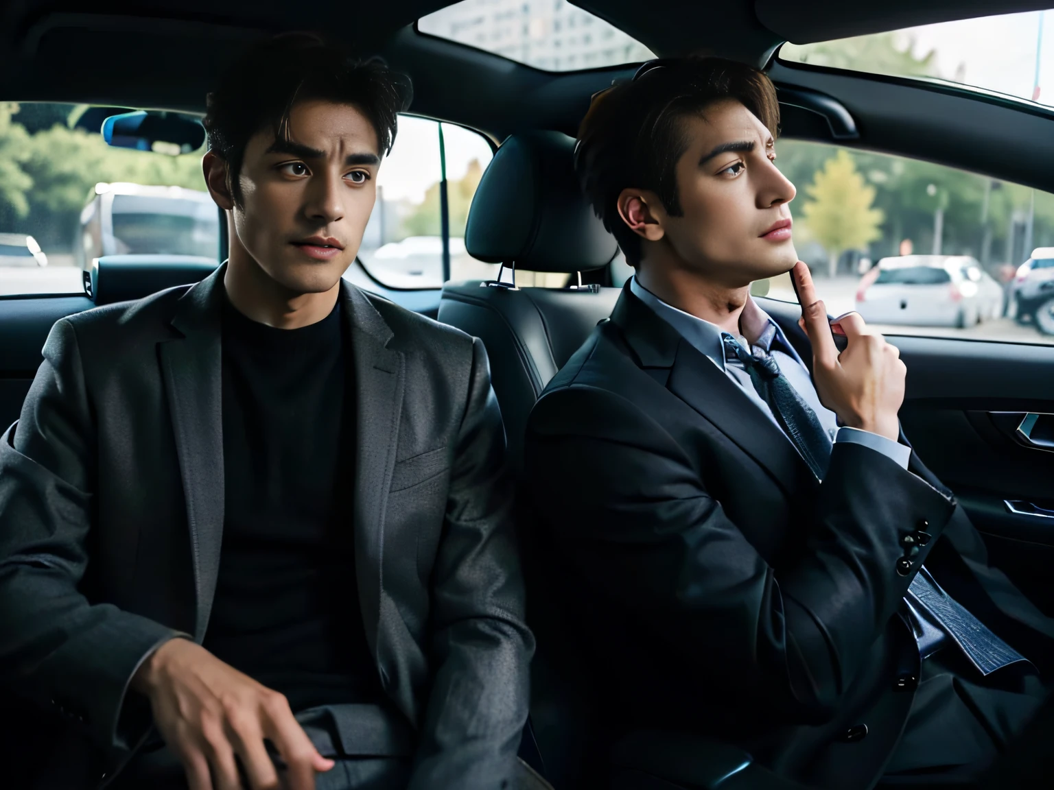 Two men sitting in the car talking,sface focus,Clear facial expressions