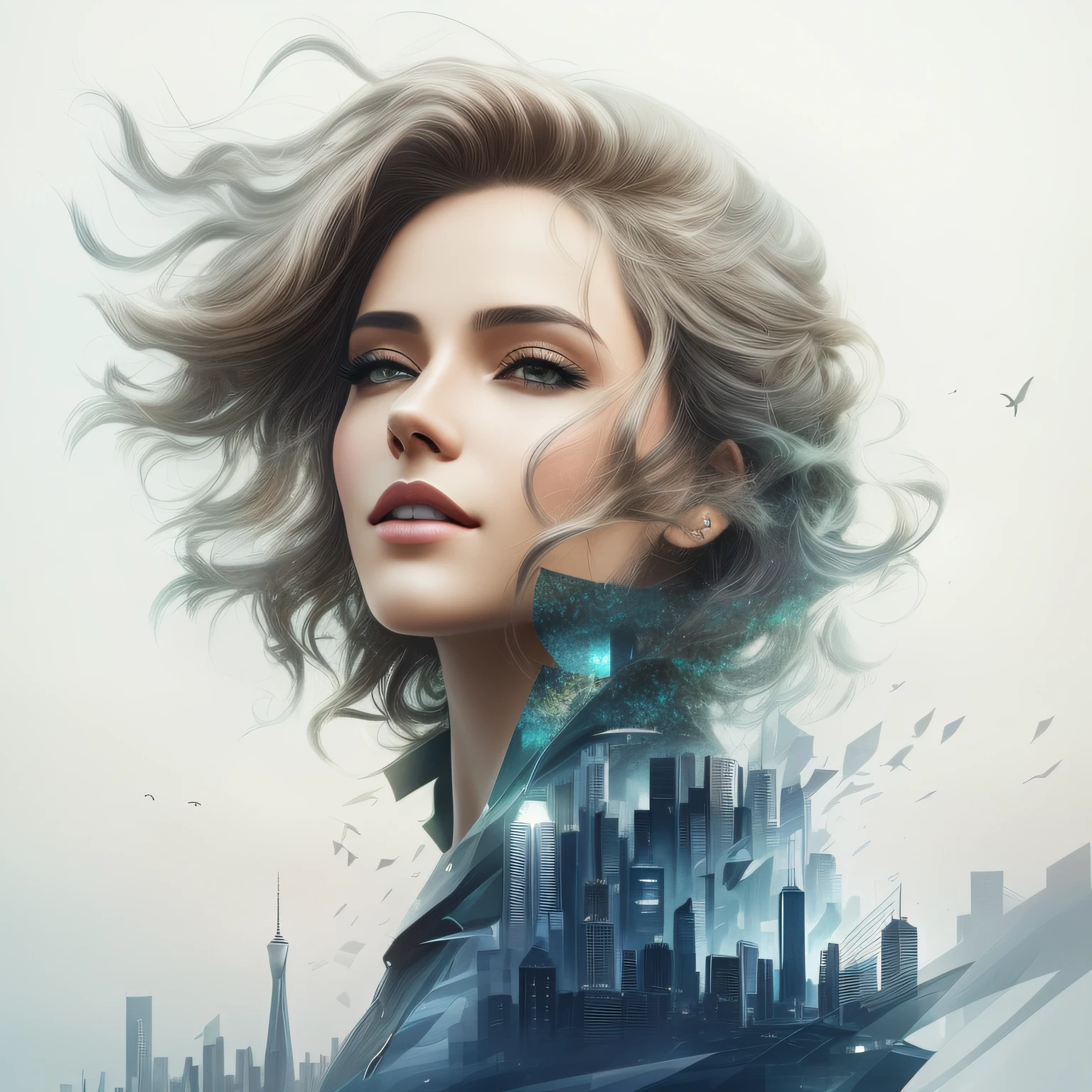 A woman with a city skyline as a background, Beautiful digital artwork, Incredible digital art, stunning digital art, Amazing digital art, stunning digital illustration, gorgeous digital art, photoshop art, Inspiring digital art, Exquisite digital illustration, Realistic digital art 4 K, Realistic digital art 4K, Professional photo manipulation artwork, stunning digital painting, Digital painting style, Digital art style