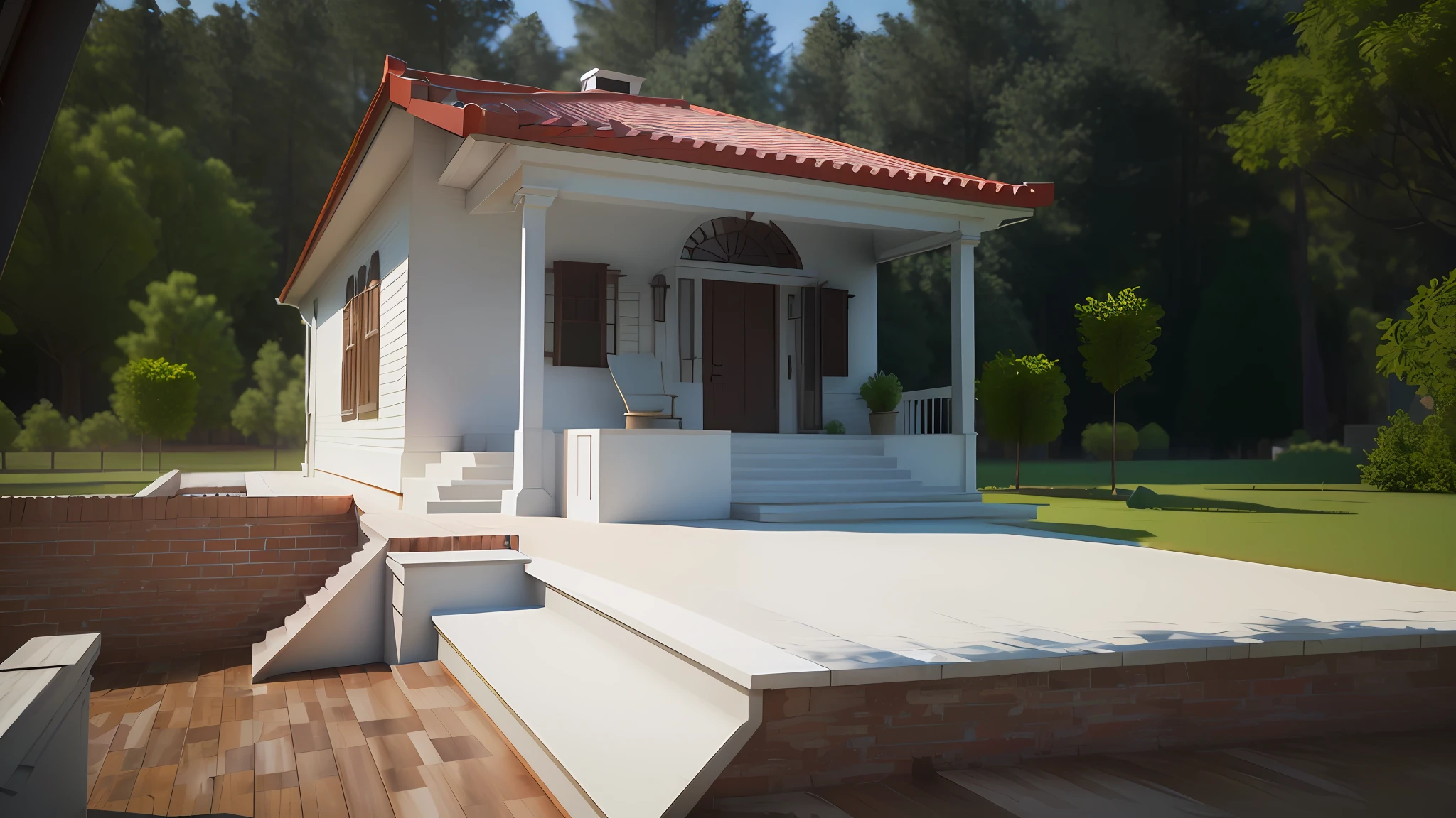 There is a small white house with a red roof and a porch, Lumion Pro Rendering, Directed by: CeFerí Olivé,renderizar 3 d, clean render, professional render, corona render, octain rendering, lumion rendering, vista externa, render corona, 3d final render, 3 d finalrender, vue 3d render, photoralistic rendering, photorender, high-quality render, 3D-rendering