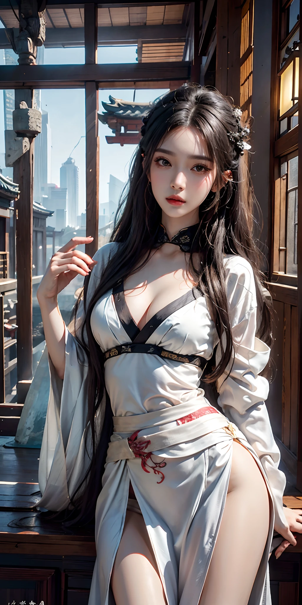 photorealistic, high resolution, soft light,1women, solo, hips up, look at viewer, (detailed face), long hair, Beautiful girl, hanfu, east asian architecture,sheath,architecture, tattoo, jewelry