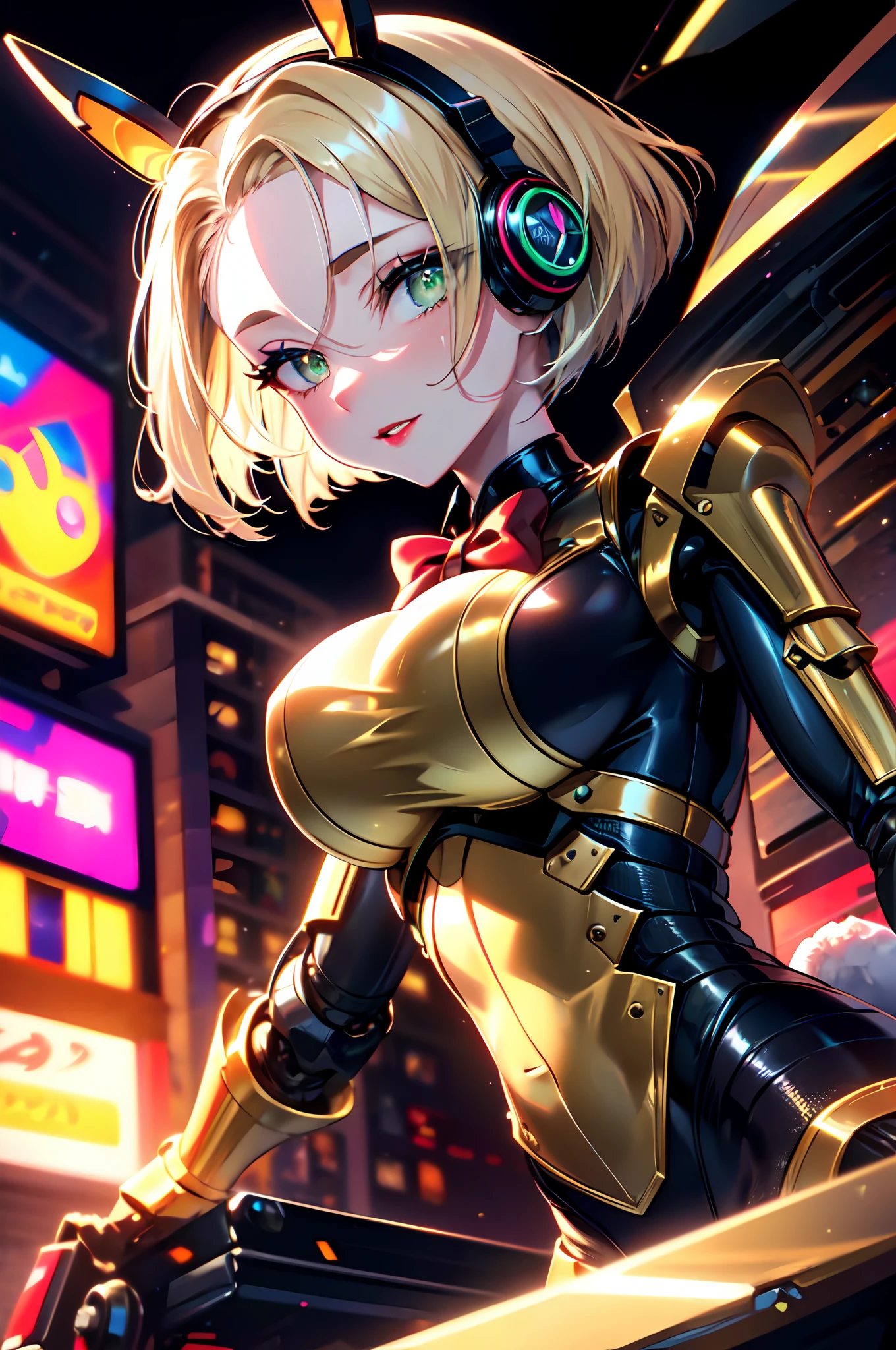 beautiful mechanical woman, solo, (half closed eyes, green eyes), (masterpiece eyes:1.5), BREAK, seductive smile, (mechanical bunny girl: 1.3), (black exoskeleton leotard: 1.3), (golden color mechanical joints, mechanical arms, mechanical legs:1.3), (exposed armpits), BREAK, (long eyelashes, red lips), bowtie, rabbit ear headphones, rabbit tail, (blonde hair, bob cut), (forehead:1.3), BREAK, Flat_Chest, Huge_breasts, wide_lower back, (5fingers, 4fingers and 1thumb), BREAK, cyberpunk, (bar), bar counter and round chairs, wine, whiskey, bourbon, neon signboard, (arms behind back), Masterpiece, best quality, captures a super cute moment, depth of field, ultra detailed, ultra high resolution, C4D, Octadale, 3D modeling, 8k, 16k,