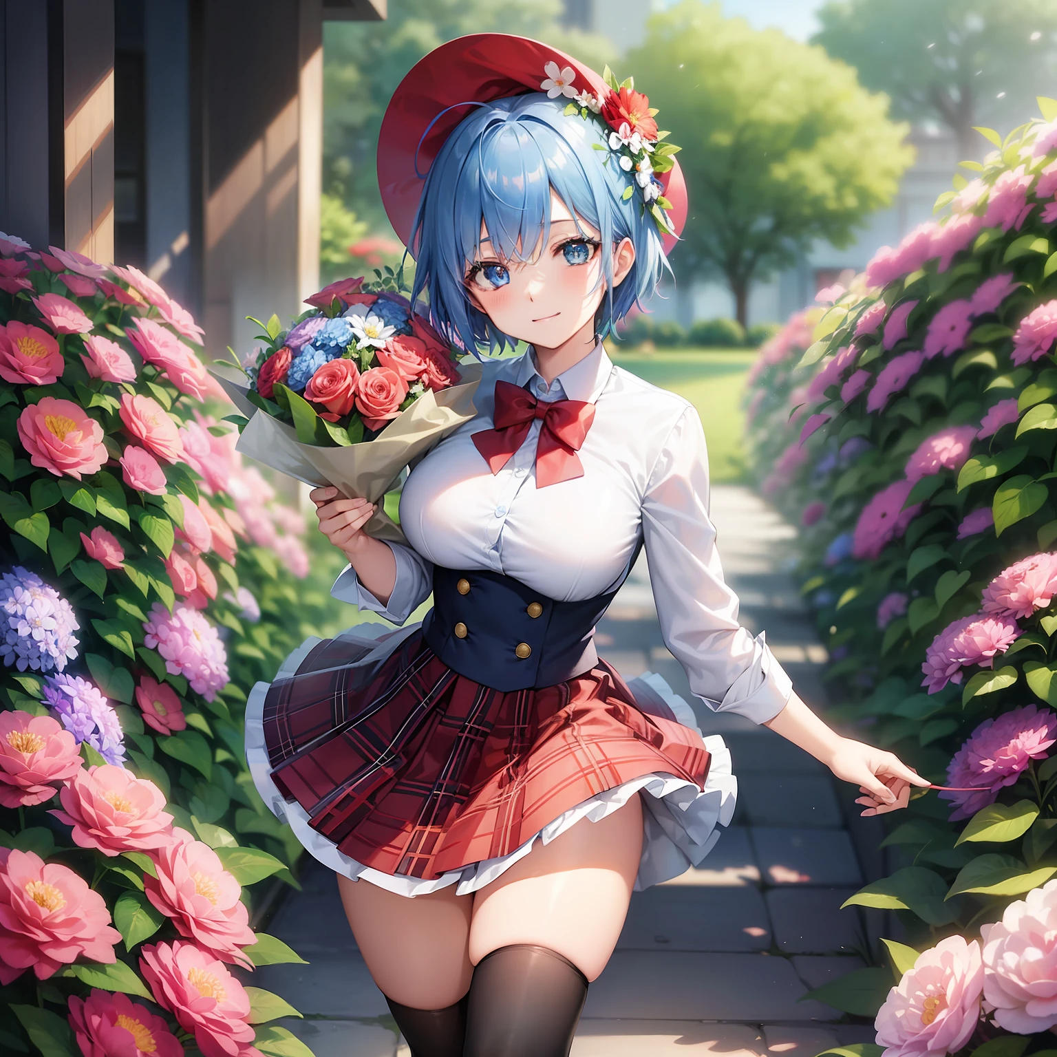 "beautiful anime style"、one girls、short blue hair、blue eyess、A smile、blazers、white  shirt、red bowtie、Red plaid skirt、Man in black stockings、Bouquet in hand、Scene of dancing in a summer flower garden。High quality depiction and best quality、Emphasis on the thighs、In the dazzling sunshine、full body Esbian