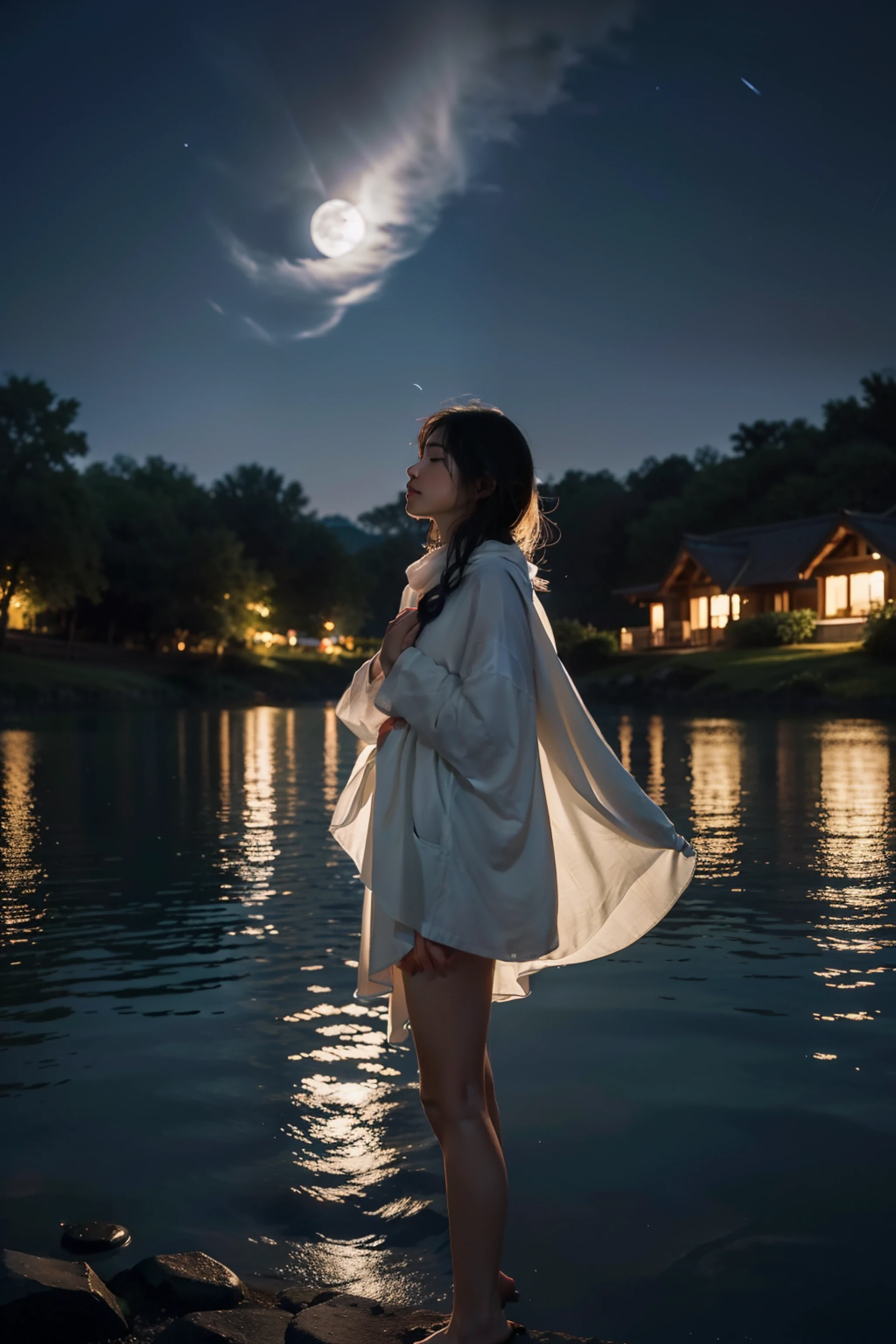 On a quiet night，There is a landscape that heals a tired soul，Gaze at the stars，Thousands of stars dot the night，Shimmering with a charming light，Brilliant moonlight sprinkles the earth，Like a gentle shawl，Give endless warmth and comfort，Listen quietly to the sounds of insects，They sang the symphony of the night，It makes you feel like you're in the arms of nature，The reflection on the surface of the lake jumps in the moonlight，It's like a dream，Away from the hustle and bustle of the city，Let people find inner peace，The night breeze brushes your cheeks，Bring nature's greetings，Immerse people in this silence and peace，At the moment，All the worries、Troubles drift away with the night breeze，In its place is inner peace and contentment，Tonight's scenery is like a healer of souls，Let people find a moment of peace and tranquility in the fast-paced life，On nights like this，We reconnect with nature，Feel the beauty and tranquility of life，