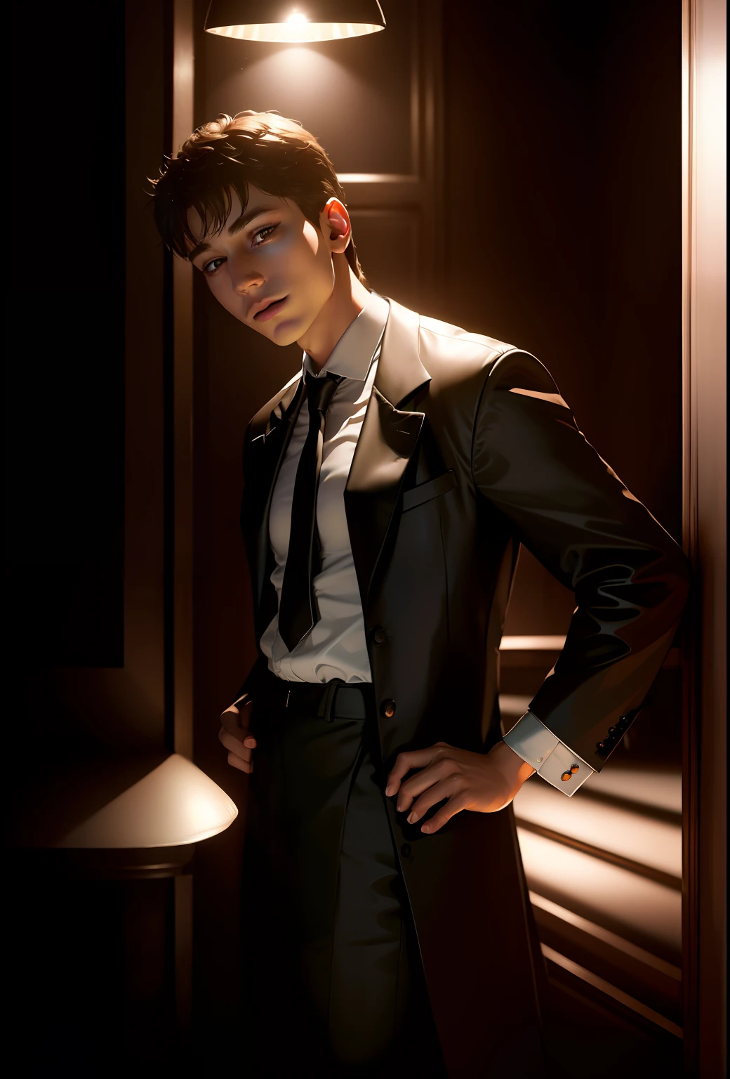 best quality, masterpiece, 1boy, Beautiful face, (photo realistic:1.3), rim lighting, (high detailed skin:1.2), 8k uhd, dslr, high quality, high resolution, 4k, 8k, Bokeh, absurdres, best ratio four finger and one thumb, (realistic:1.3), cute 1boy, wearing black formal blazer, medium breasts, short skirt,
