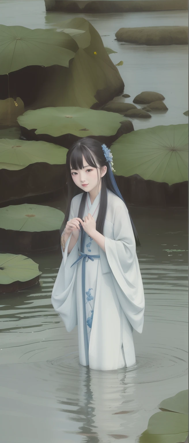 ((4k,masterpiece,best quality)), shuimobysim, traditional chinese ink painting, lotus, hanfu, maxiskit, dress conservatively 1girl, solo, long blue hair, smile, standing, feet in the water, barefoot,