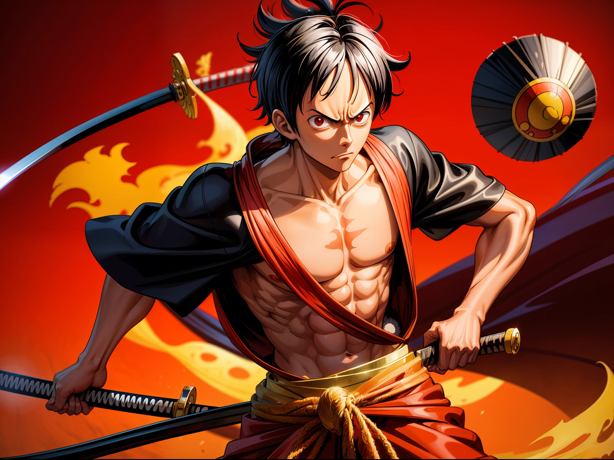 (masterpiece, best quality), Detailed close up shot of Monkey D. Luffy from One Piece wearing a black and red kimono, standing, holding katana, looking irritated at the viewer, arena background, background blurred, cinematic,