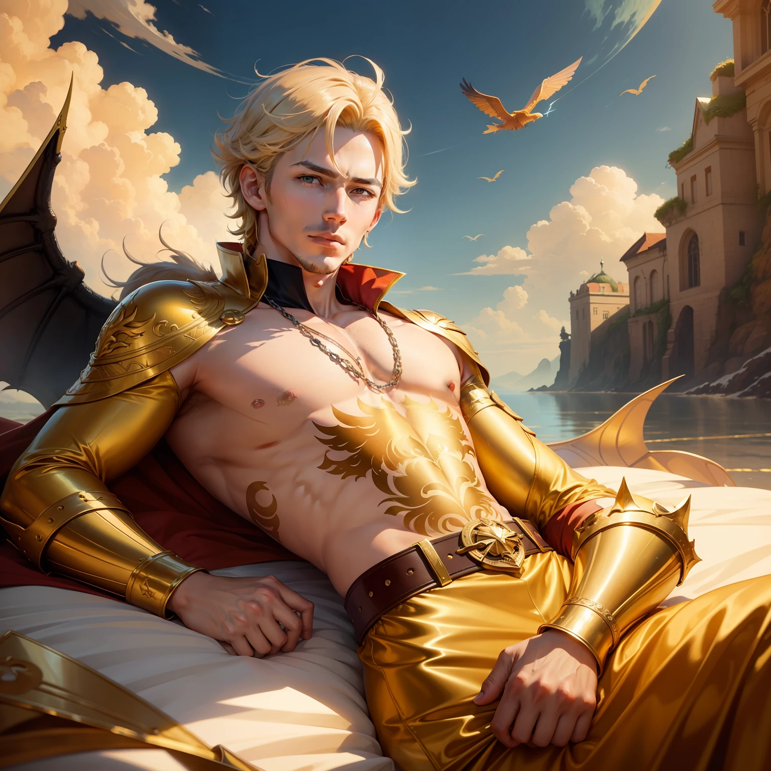 The man lies on his side There are golden dragons in the sky and around him
