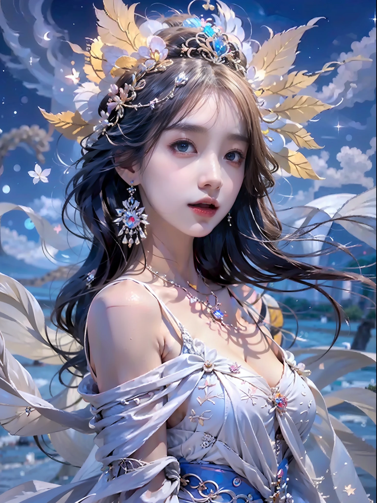 best qualtiy, tmasterpiece, 超高分辨率, Close-up of a woman in a blue-pink flowing gauze dress, close-up all over the body, sexy for, cropped shoulders, show legs, Beautiful age girl, a beautiful fantasy empress, Ethereal beauty, beautiful fantasy maiden, Beautiful goddess, ((a beautiful fantasy empress)), Ethereal fantasy, Detailed scenes, amazing pose, Eye-catching accessories, Picturesque