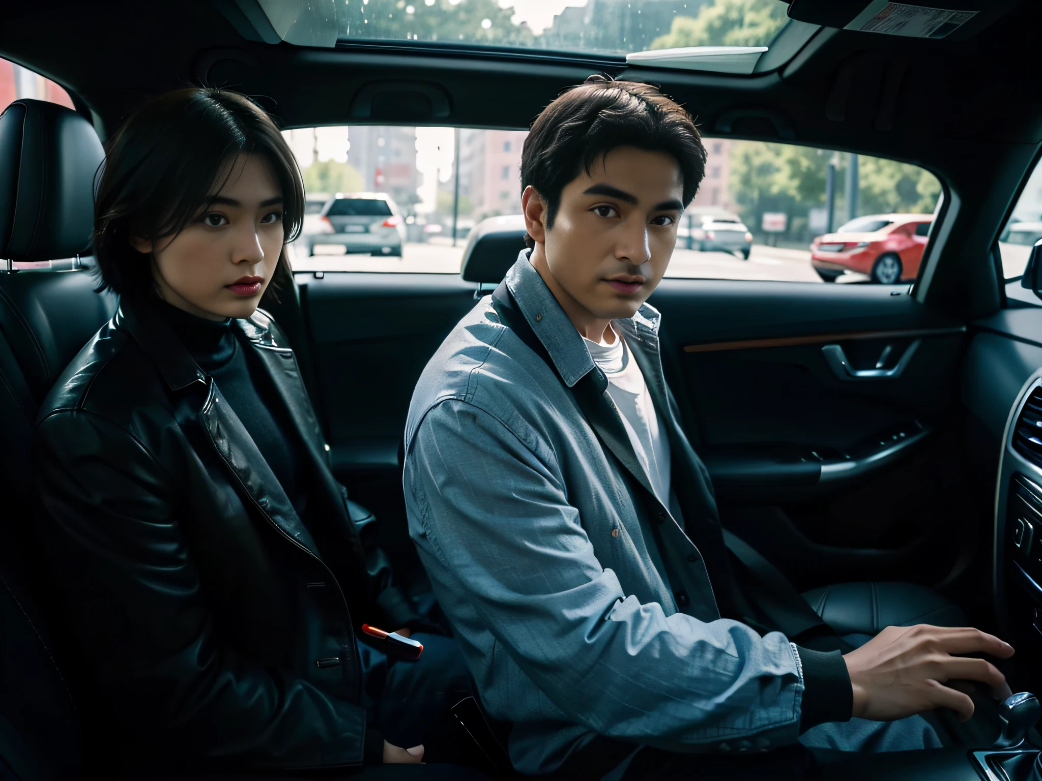1 man in the driver's seat,Open the window and look out,face sharp focus,Face the lens,1 man standing outside the SUV,Hands on the car,Facial details clearly visible,Wear casual clothing,Two people are talking