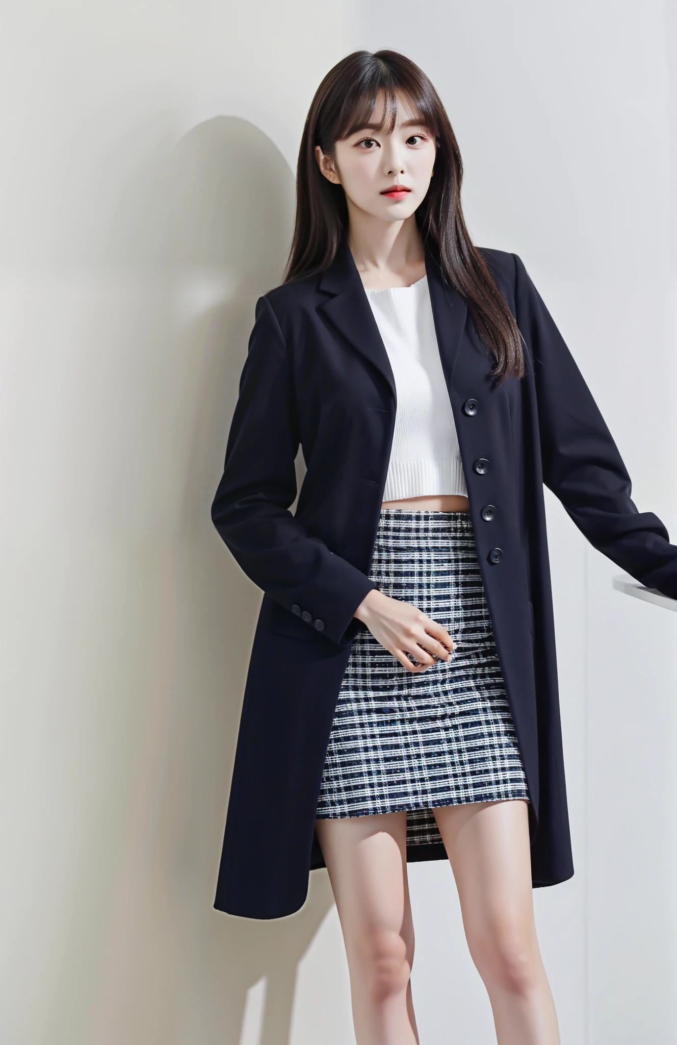 ((masutepiece, of the highest quality, High Definition)),Woman in skirt and jacket posing for magazine, style of yoshii chie, Styling, business outfit, plaid skirts, modern fashion outfit, Classic style, Office Clothes, tokyo fashion, simple style, casual business outfit, Yasumoto Oka, japanic style, off - white style,feminine makeup, ((Feminine long hair, Dark brown hair color, oblique bangs: 1.5)),