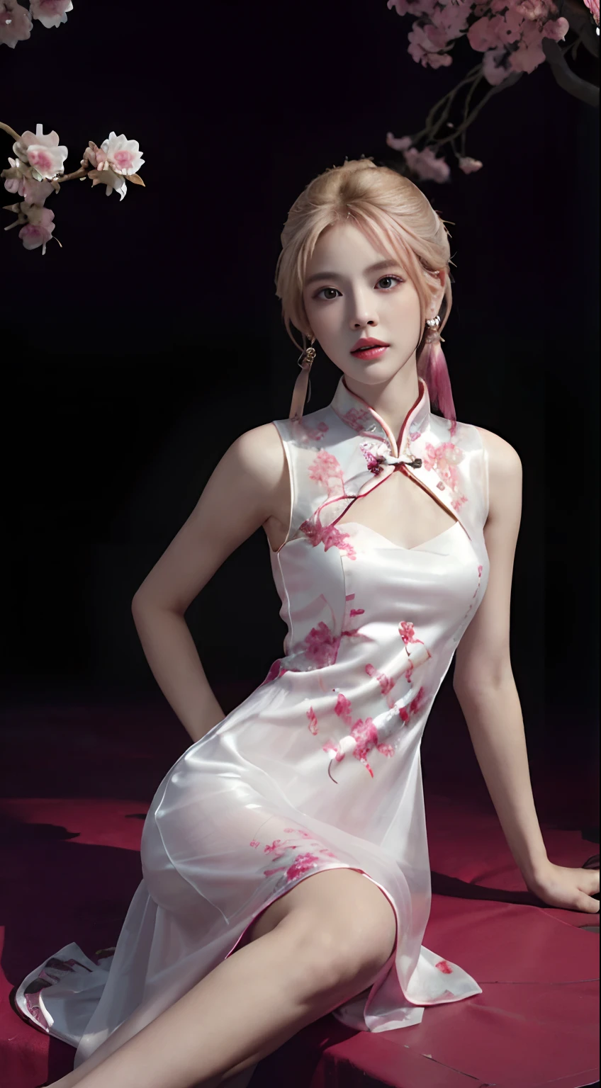 ((Top quality, 8K, Masterpiece: 1.3)), Solo, 1 girl, Sexy, Beautiful girl with accentuated slender abs: 1.4, (Flat breasts: 1.2), hyperdetailed face, Detailed eyes, Double eyelids, self-shot, (body builder:0.8),(Beautiful little hard head shade:1.5),(White cheongsam dress, gorgeous chinese models, Cheongsam, Chinese dress, Chinese traditional, Chinese costume,Without chest pads:1.2,shiny dress:1.5,Transparent dress:1.5),(Spread legs:1.2),on the gold bed,(Shiny skin:1.2),(muscle arm:1.3),(muscle leg:1.3),(Lie down:0.8),(double bun hair:1.3), (two tone color hair:1.5,Blonde hair:1.1,Pink hair:1.2),