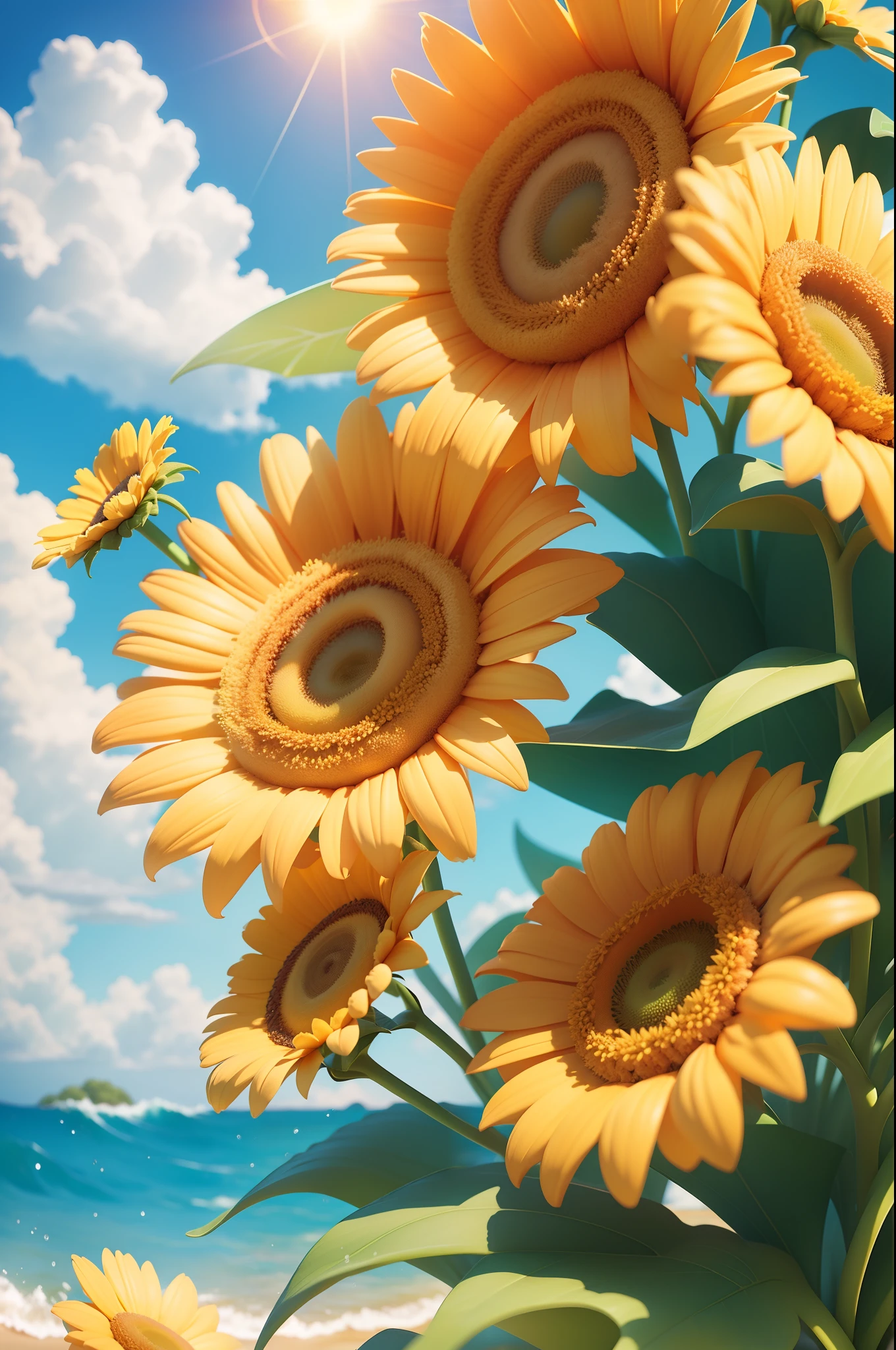 Summer clouds, sun flowers, sunny weather,sky, sunny, colorful, happy and happy summer vacation, simple picture, close-up, brilliant sunshine, distant waves, visual impact, 3D DreamWorks style,