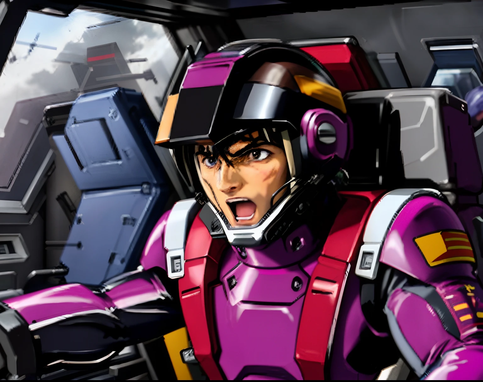 (Facing the front:1.2),(The upper part of the body),Screaming face,Best Quality,masutepiece,Highly detailed,Ultra-detailed,1gir ,gundam seed pilot ,( 20-year-old male), cyborgs,(helmets),Magenta and black color latex bodysuit, Full-length zipper, ( in Mscockpit,cockpit :1.3)