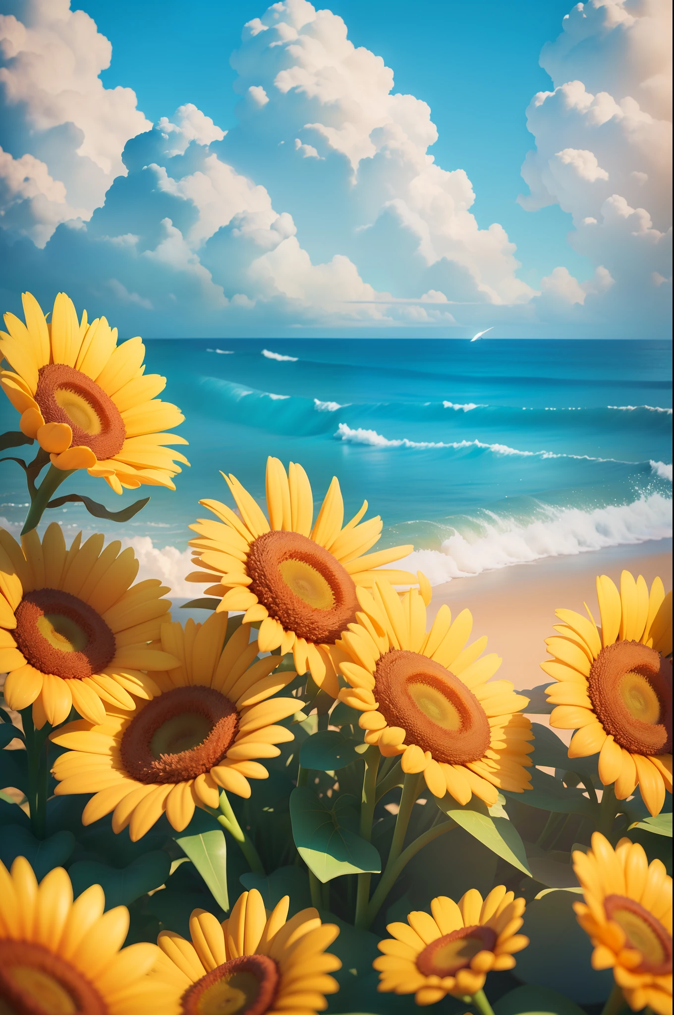 Summer clouds, sun flowers, sunny weather,sky, sunny, colorful, happy and happy summer vacation, simple picture, close-up, brilliant sunshine, distant waves, visual impact, 3D DreamWorks style,