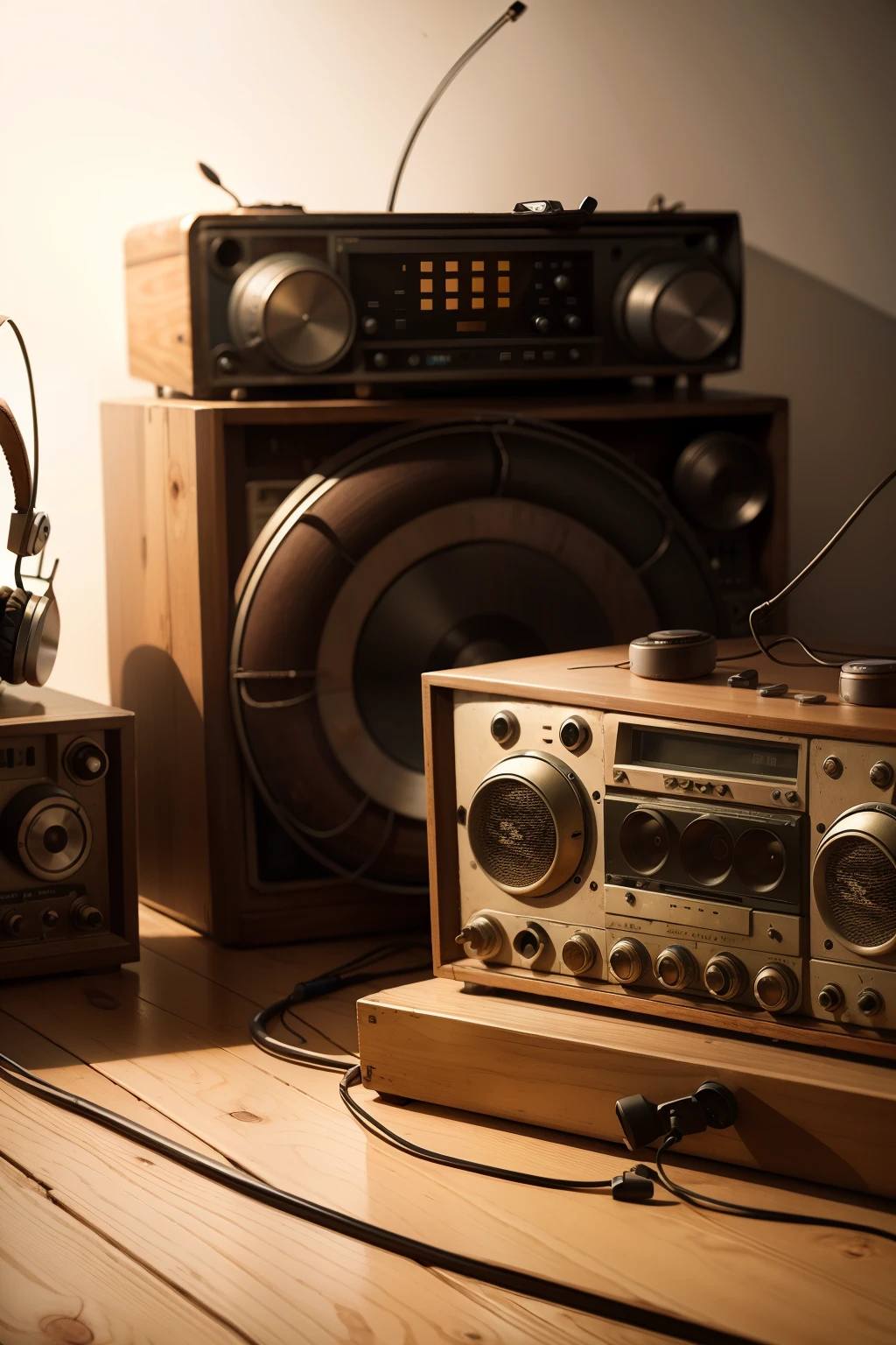 An old radio, with a headset next to it, the radio is on a round wooden table, logo style
