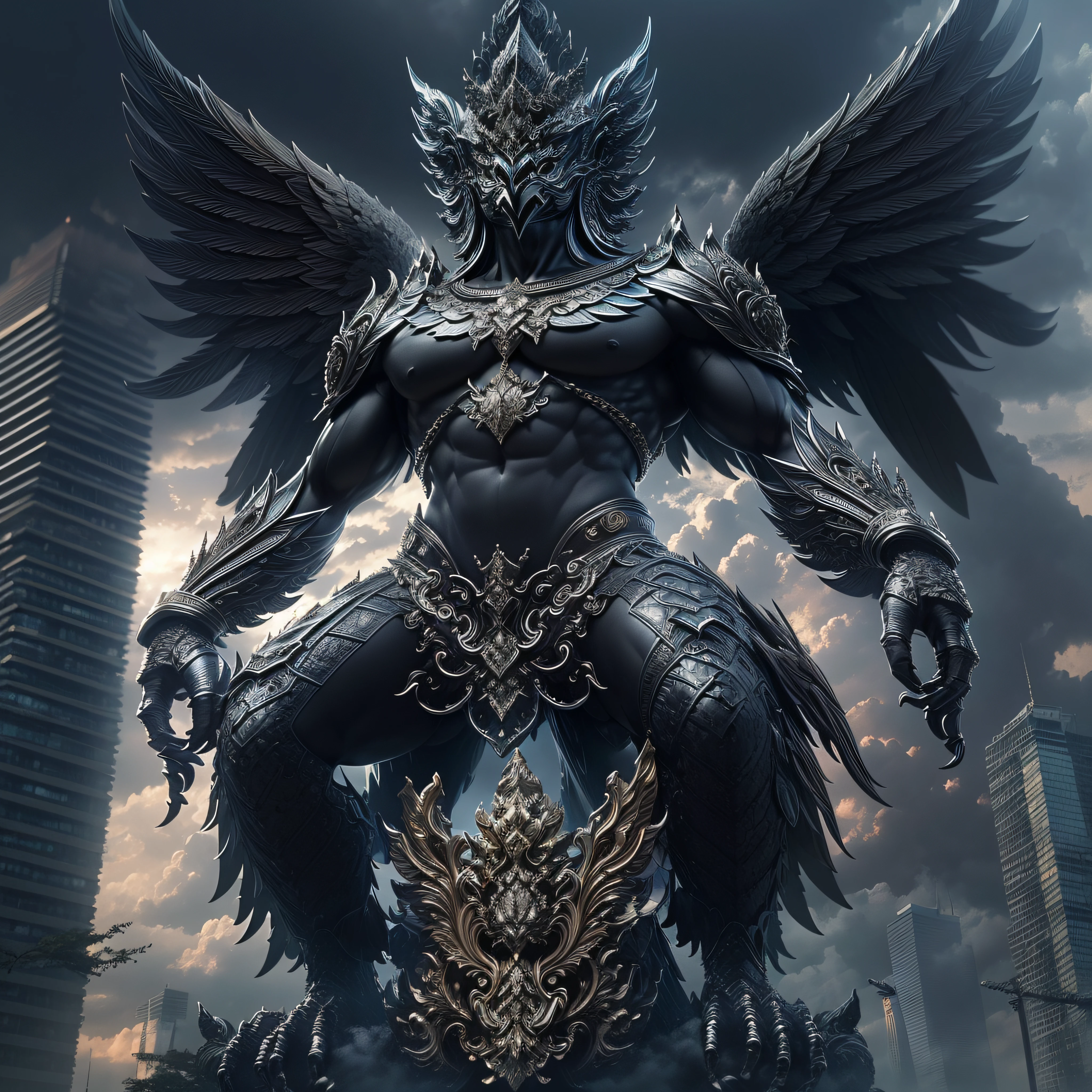 masterpiece,highly detail(Metalic Black,Reflect,:1.3)phayakrut king garuda{best quality},, super huge GARUDA solo, very detail, city,tower,building,highway, clouds and mist,
(extremely detail CG unity 8k wallpaper:1.1)(masterpiece),(best quality:1.1),realistic,style of master anime,perfect perspective,intricate detail