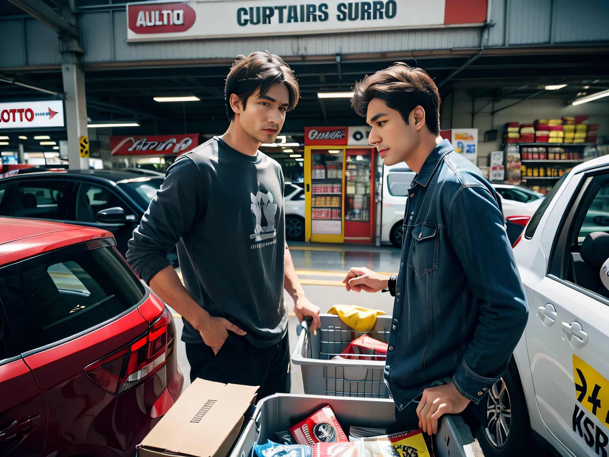 2 men,Shop for car supplies in casual wear at the auto supply supermarket,sface focus,Extreme depiction of facial detail