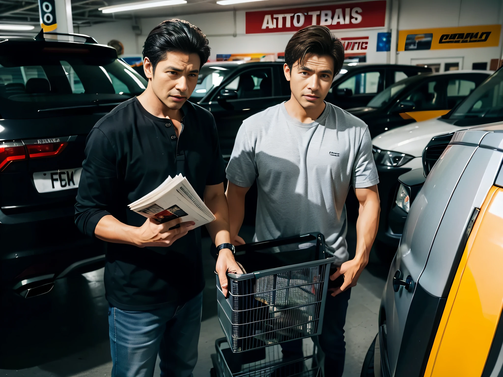 2 men,Shop for car supplies in casual wear at the auto supply supermarket,sface focus,Extreme depiction of facial detail