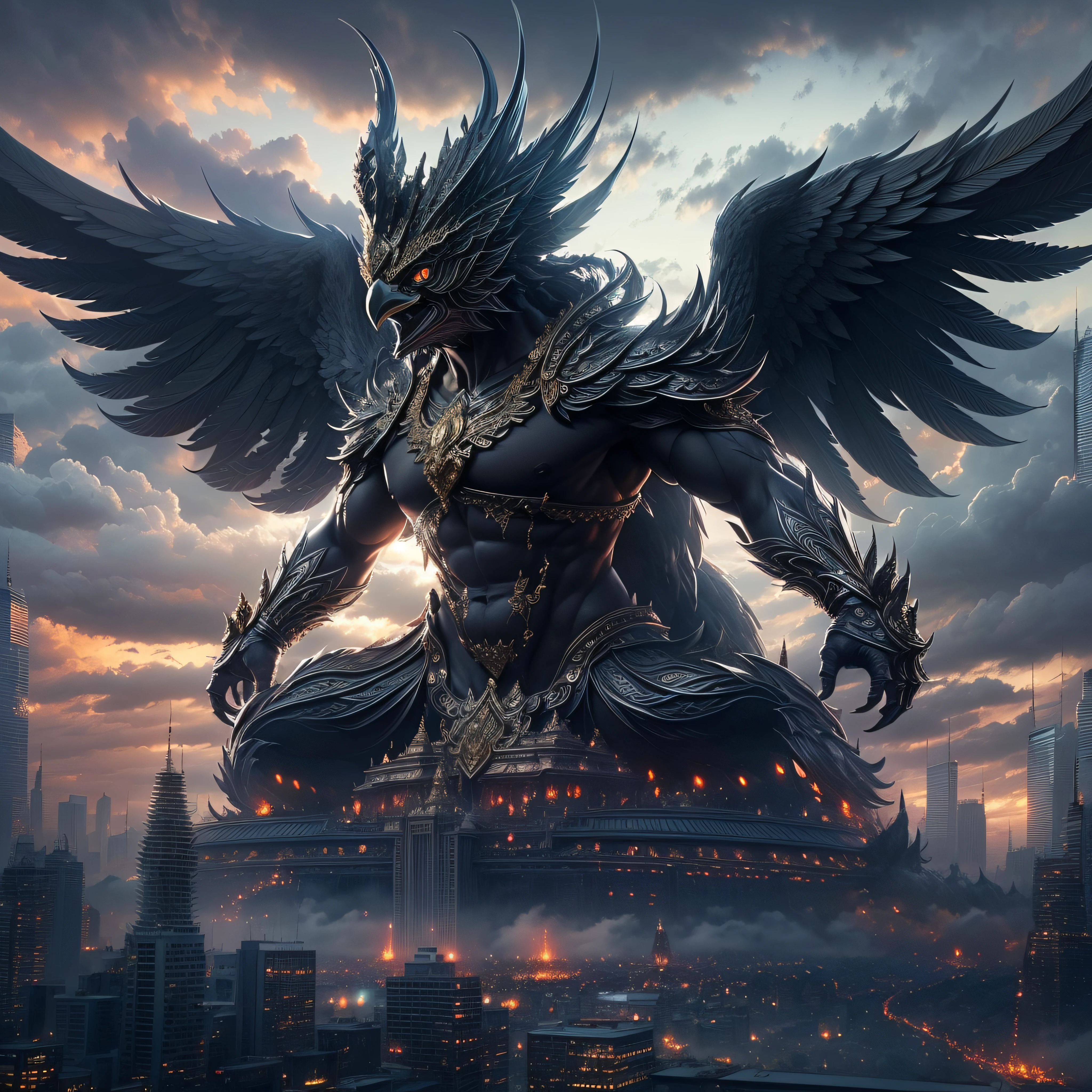 masterpiece,highly detail(Metalic Black,Reflect,:1.3)phayakrut king garuda{best quality},, super huge GARUDA solo, very detail, city,tower,building,highway, clouds and mist,
(extremely detail CG unity 8k wallpaper:1.1)(masterpiece),(best quality:1.1),realistic,style of master anime,perfect perspective,intricate detail