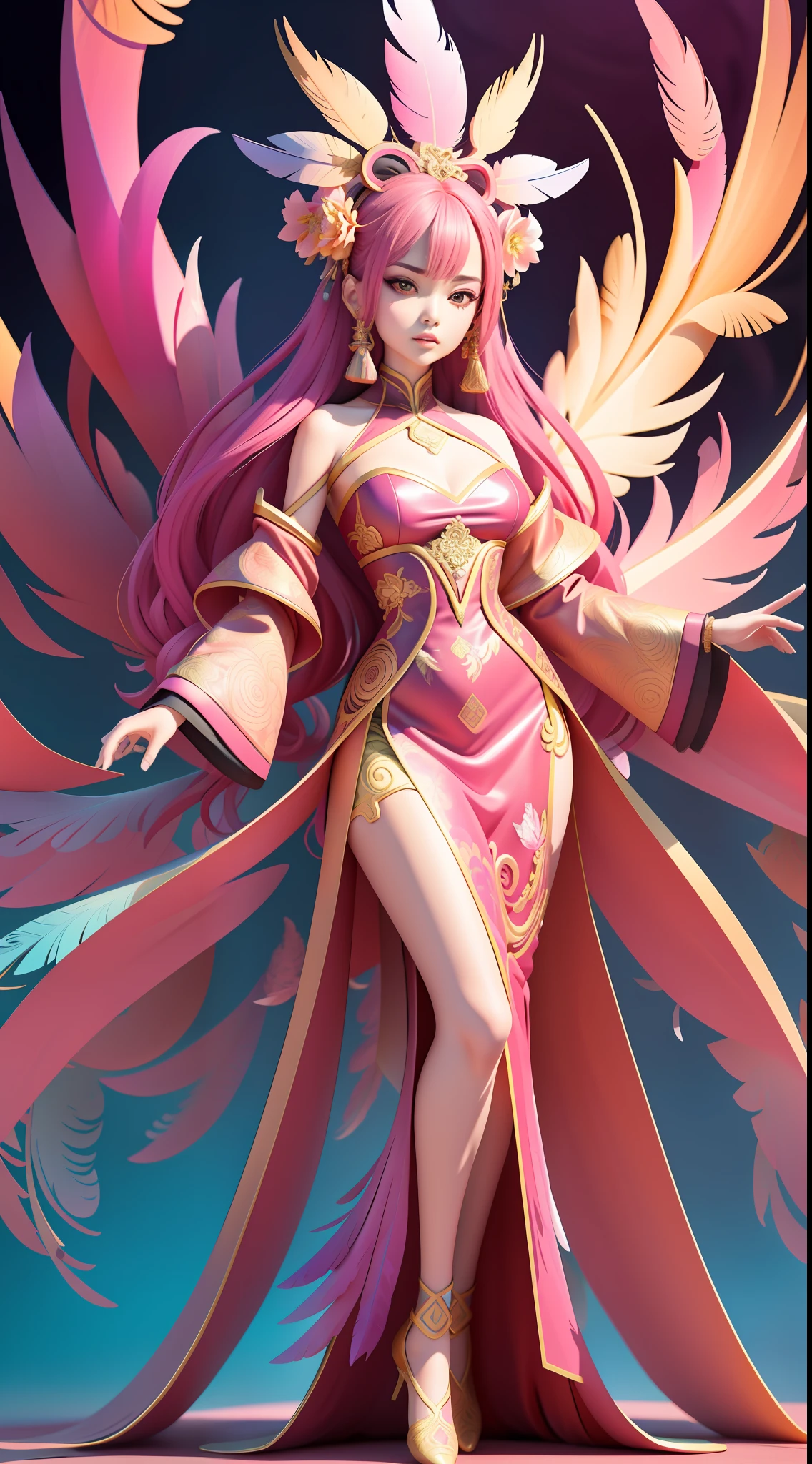 erjie, girl in a fluid and dynamic pose, wearing a loose, flowing pink dress, mysterious expression, curly black and pink hair, [Zhang Ziyi|Aishwarya Rai], in a modern and abstract setting, with bold and colorful abstract art, blurred background, bright lighting, official art, unity 8k wallpaper, (zentangle, mandala, tangle, entangle), intricate clothes,zhongfenghua (full body,from everywhere,masterpiece, top quality, best quality, official art, beautiful and aesthetic:1.2), extremely detailed,(fractal art:1.1),(colorful:1.1)(flowers:1.3),highest detailed,(zentangle:1.2), (dynamic pose), (abstract background:1.3), (shiny skin), (many colors:1.4), (feathers:1.5), dynamic angle, the most beautiful form of chaos, elegant, a brutalist designed, vivid colours, romanticism,