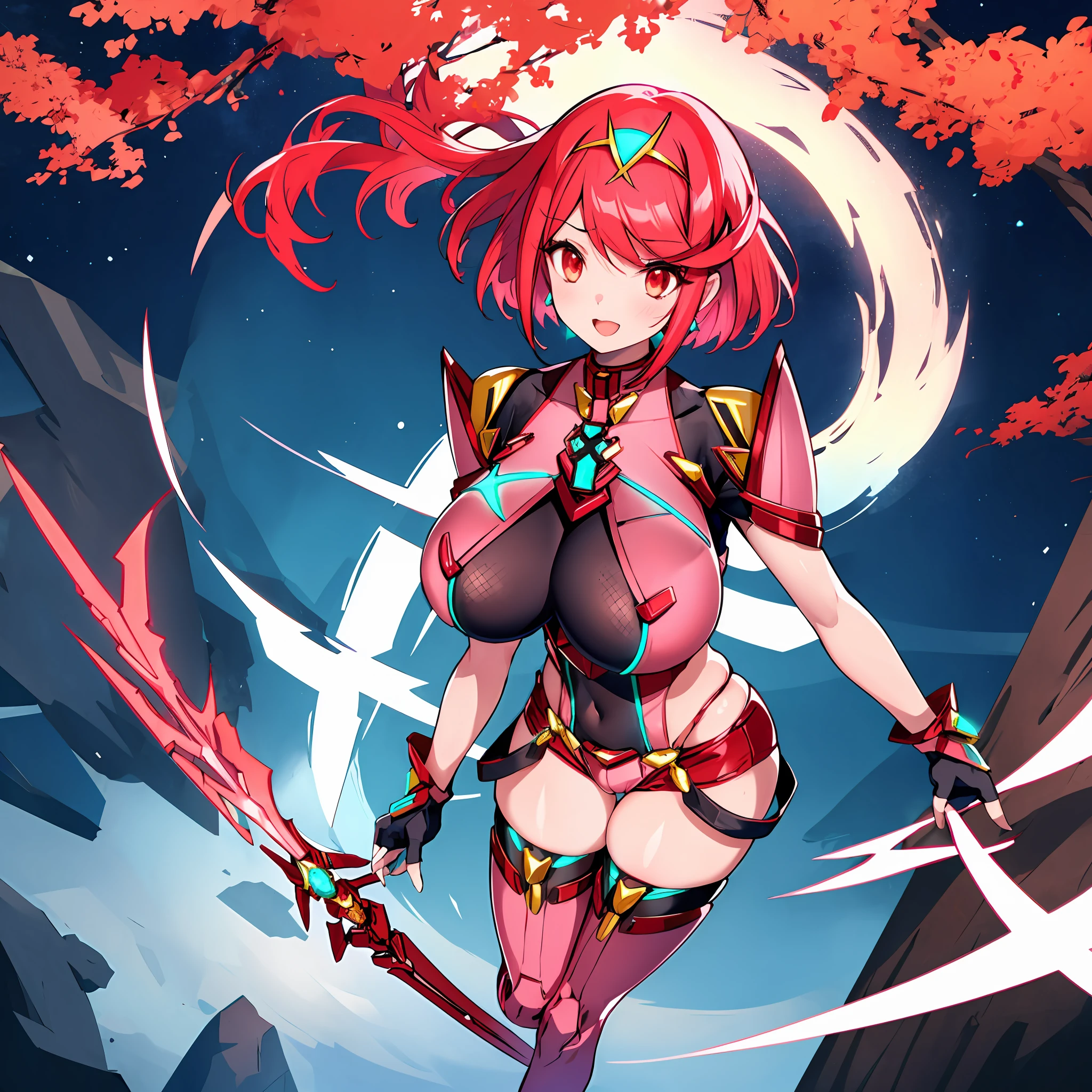 pyra \(xenoblade\), ****_1girl, armor, bangs, black gloves, breasts, red eyes, closed mouth, earrings, eyelashes, fingerless gloves, floating hair, framed breasts, gem, gloves, hair ornament, headpiece, jewelry, big_breasts, leaning back, leotard, neon trim, official art, pose, red hair, red shorts, saitou masatsugu, short hair, short shorts, short sleeves, shorts, sidelocks, skin tight, solo, standing, swept bangs, thighhighs, tiara, night_prairie_background, turtleneck, underbust, vambraces, xenoblade chronicles \(series\), (xenoblade chronicles 2), apart_legs, fire_effect,dynamic_pose_fighting,light_smile, (plump:1.1), big_ass,huge_sword, hold_large_sword_hilt, solo, covered_nipples, covered_pussy,open_mouth,back_view,