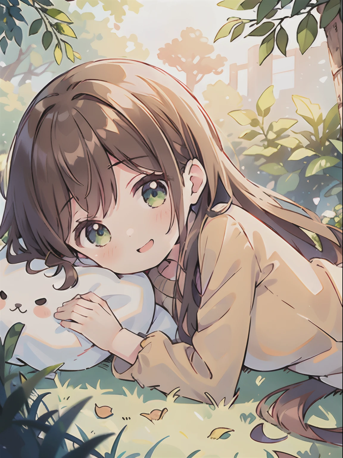 masterpiece), best quality, beautiful detailed hair detailed face, ultra high res, sharp focus, ((1 young girl, solo)), perfect feminine face, upper body, medium close-up, low angle shot, (from right side), (at the noon time:1.5), (lying back on the wood tree:1.2), in the hill, tree, leaf, butterflies, ((beautiful shape eyes, green eyes)), chesnut brown hair, flowing long hair, smiles happily, (blushing), (cute comfy clothes:1.6)