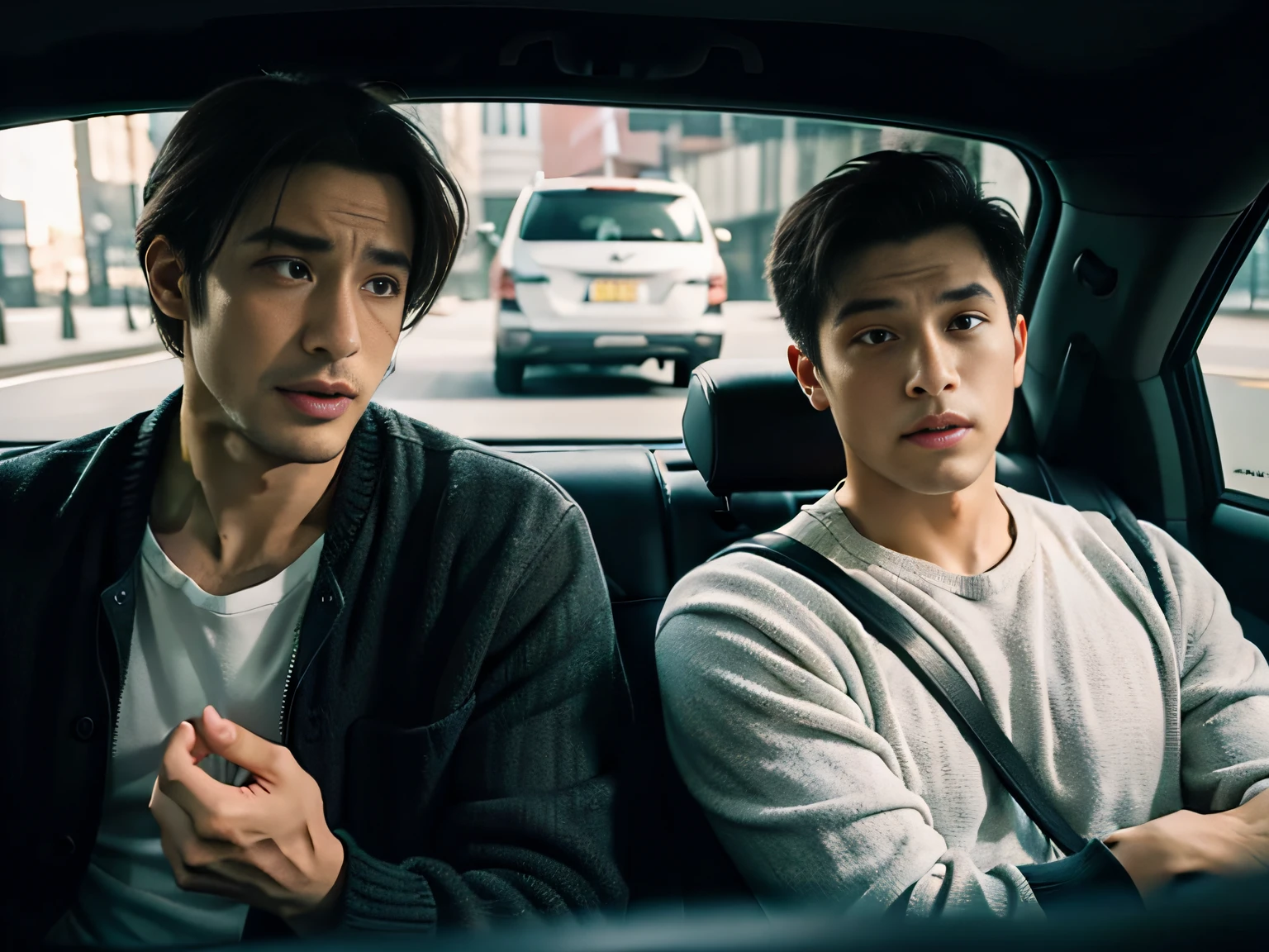 Two men sitting in the car talking，sface focus，Clear facial expressions