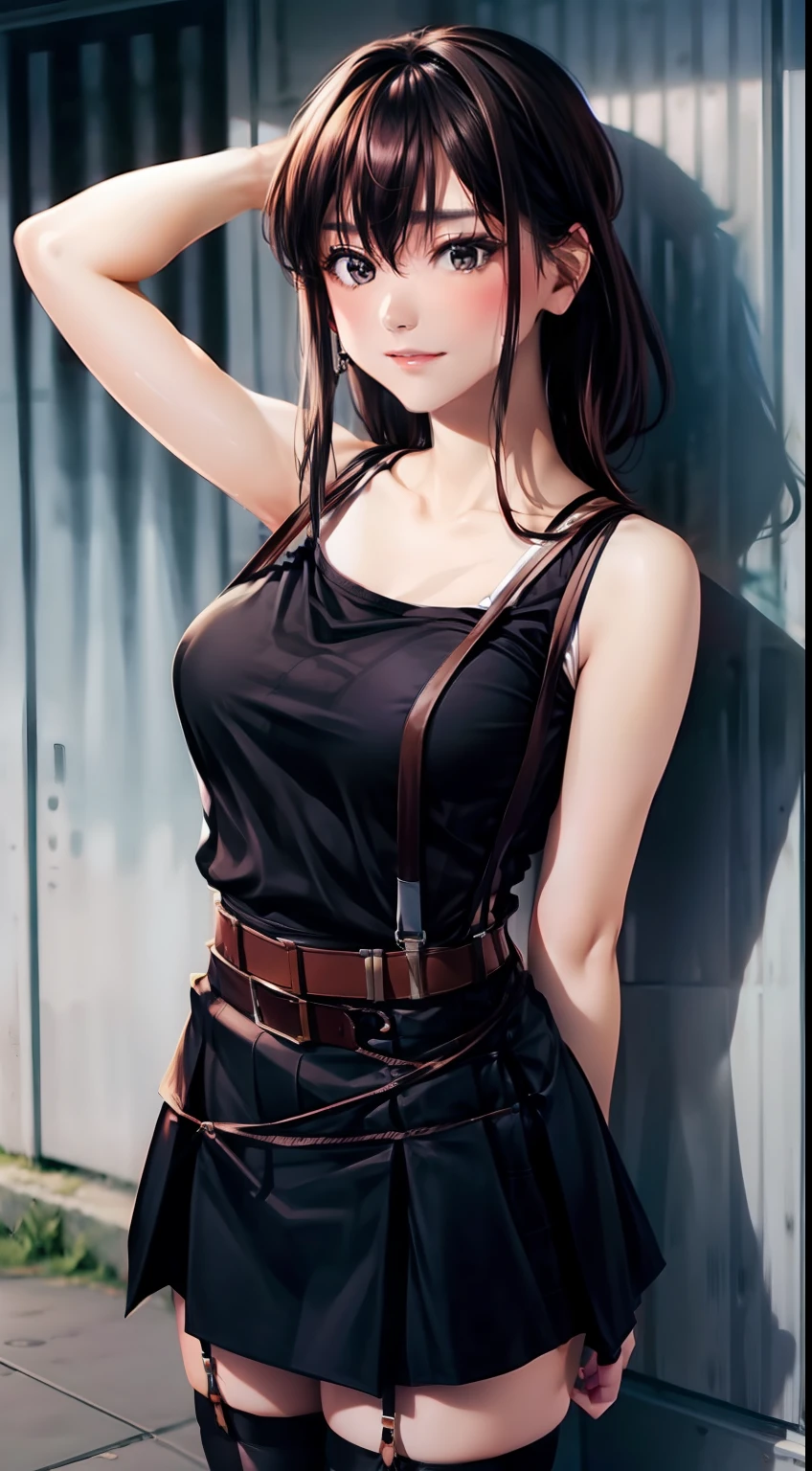 Colossal tits suspenders garterbelts Black stockings Black tank top Armpit sweat a miniskirt Brown hair Gray eyes Futomo hason Tight tank top Hands behind the head a belt