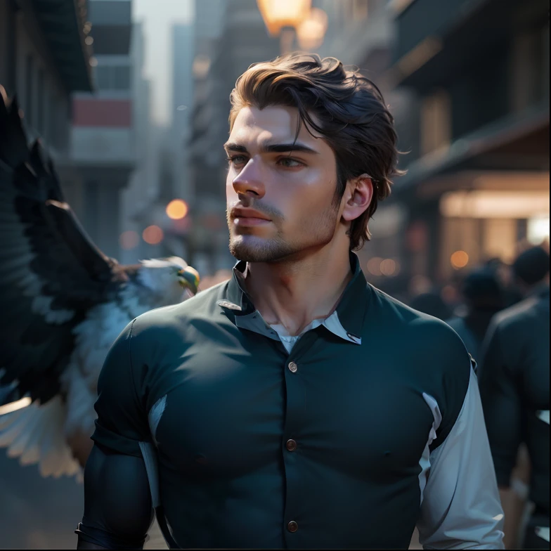 A boy with eagle and night lighting baground without beard and mideam hair muscular body ultra realistic