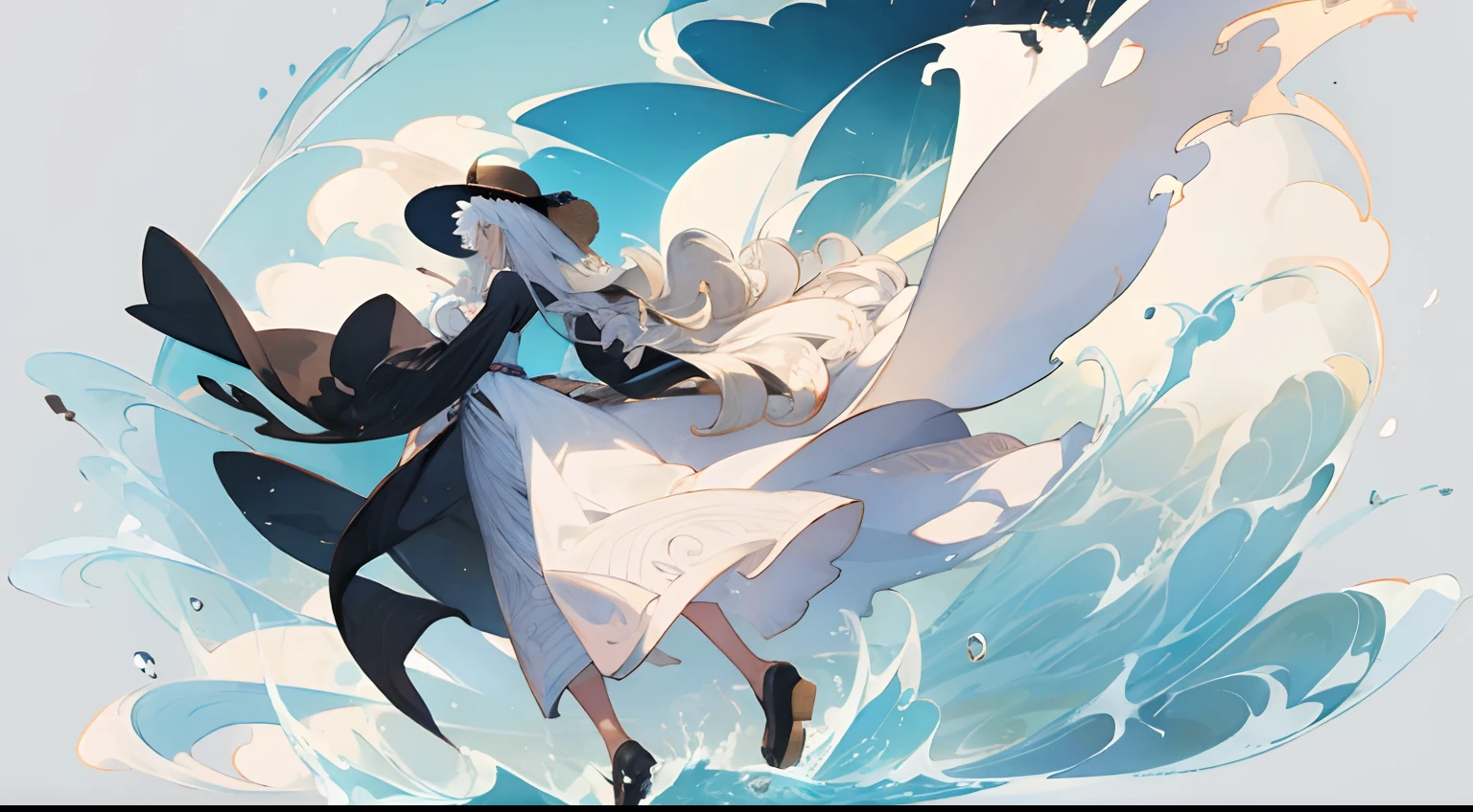 Retro Art、towns、one piece clothes、white hair、Long hairer、piece、a straw fedora hat、full body Esbian、