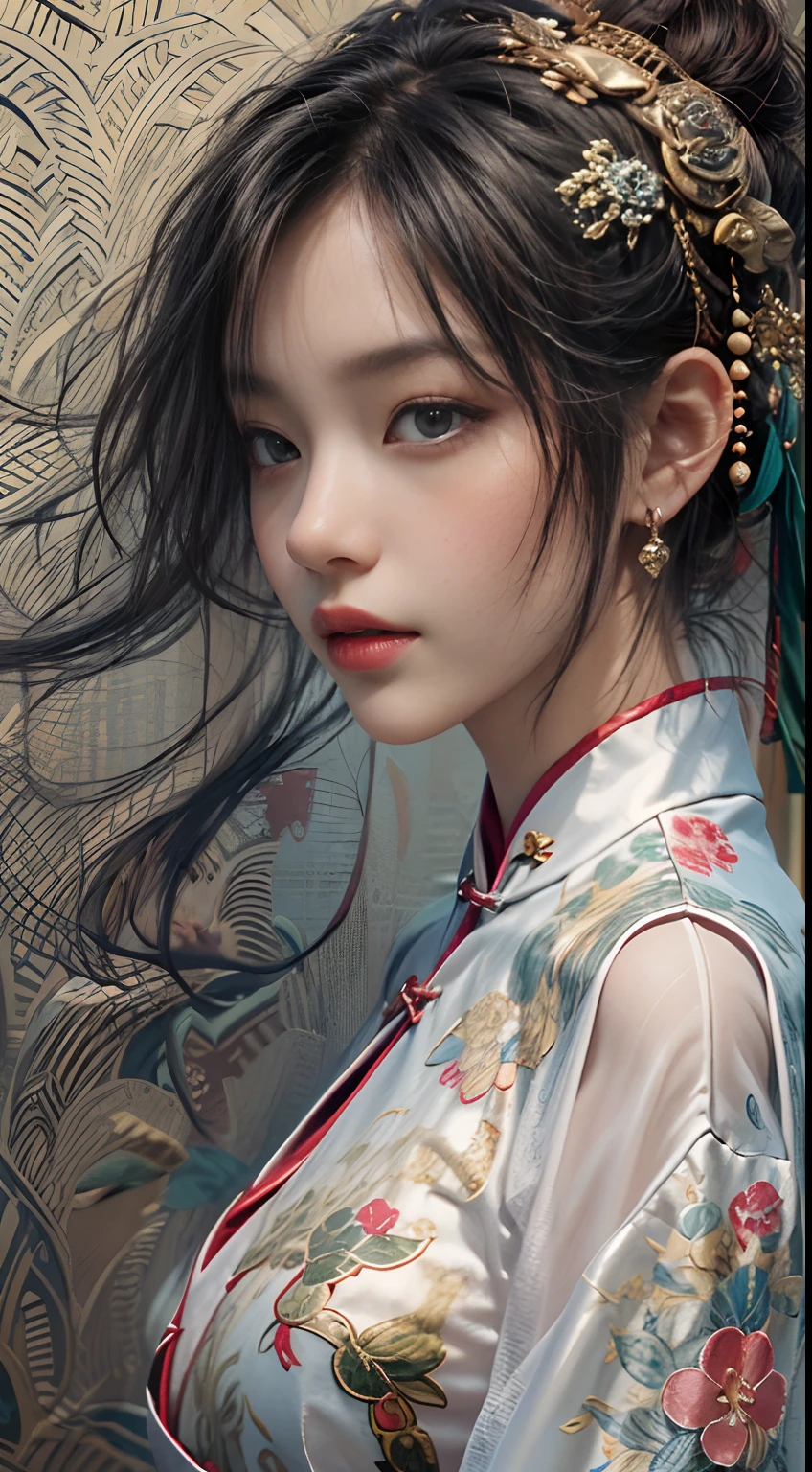 ((Masterpiece)), ((High detail)), photography of，real photograph，1 Cheongsam Girl, wearing  cheongsam，silky cheongsam，silky cheongsam，((Ultra-detailed)),((Delicate face)), Beautiful detailed eyes, (high light,Gradient hair),Long hair, Floating hair, ,hairs between eyes, GSHead,1girll ,Solo,The eye,Genshin_impact,Look at the viewer, ((Distant view)),  Strong light and shadow, Cinema lenses，tmasterpiece，Super quality， A desert，on cheongsam，Silk cheongsam，18yr old，Big eyes，Sunset afterglow，entire character，cropped shoulders，show legs，Long legs，full bodyesbian，8K，Ultra-clear resolution，Ultra-fine painting，Flat desert，Distant horizon，Vast desert，Sand，Dressed in a flowing manner、Silky traditional oriental cheongsam，Decorated with intricate patterns and bright colors，Highlights her seductive silhouette，((The background is a large flat desert:1.5)),tmasterpiece，Ultra-realistic detailed painting，Epic fantasy digital art style，8K,wide wide shot，Diagonal composition，art of photography，（Extremely refined and beautiful），（tmasterpiece），（best qualtiy：1.0），（超A high resolution：1.0），beautiful light up，perfect lightning bolt，realistic shaded，[A high resolution]，Delicate skin，ultra - detailed，Slim figure，Long legs，Beautiful Meticulous Girl, absurderes, unbelievable Ridiculous, hugefilesize, ultra - detailed, A high resolution, The is very detailed，best qualtiy，tmasterpiece，Need,((tmasterpiece)), (A detailed),Super delicate，Epic fantasy digital art style，The girl has long flowing hair，Flat desert，Gobi，Vast desert，Desolate and lonely，Distant horizon，Sunset afterglow，((entire character)),hurricane，It was very windy，Big wind，It was very windy，Photos taken with a professional photography camera，Incredibly realistic textures,(1 girl away from the camera:1.2),