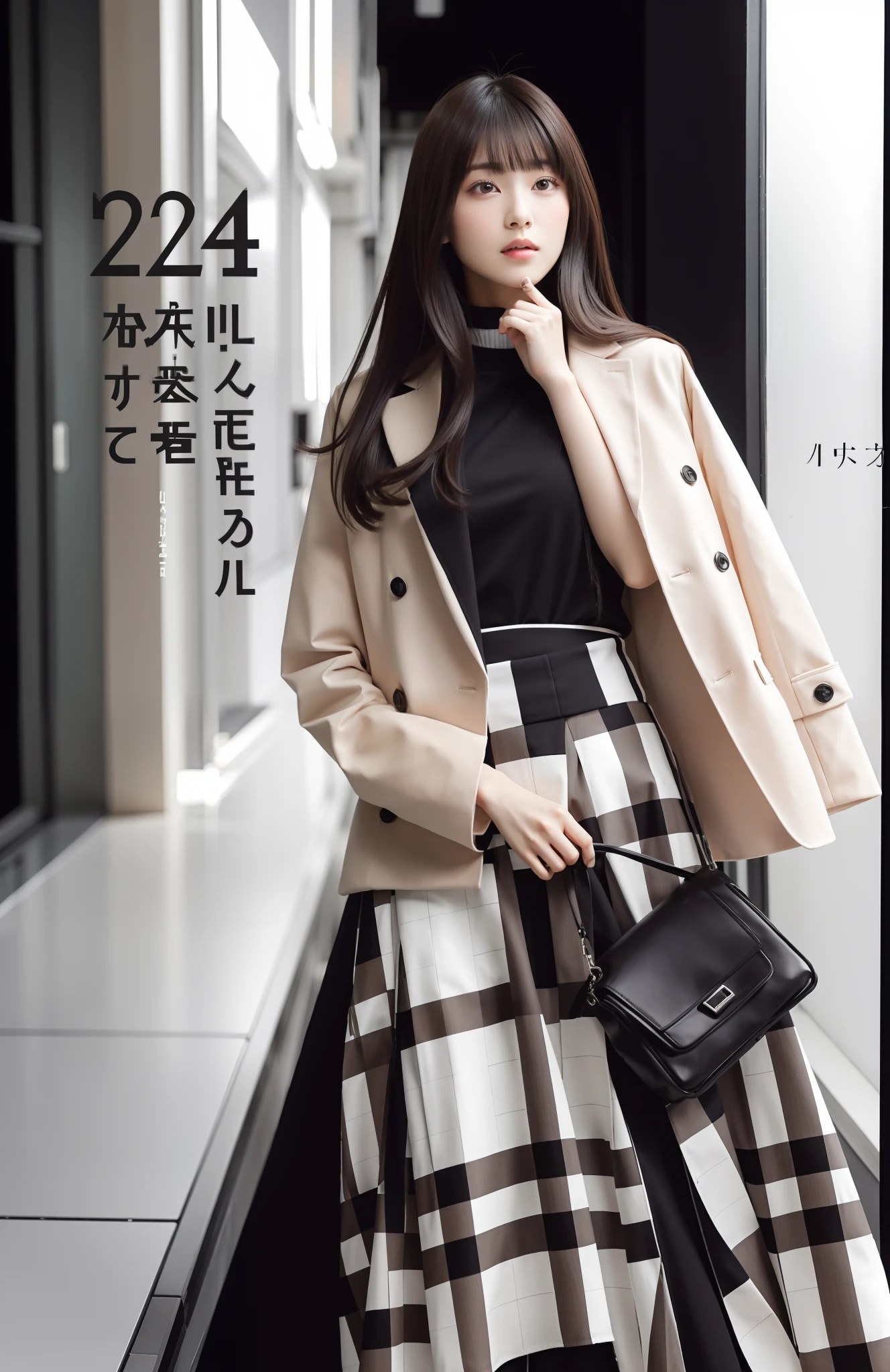 ((masutepiece, of the highest quality, High Definition)),Woman in skirt and jacket posing for magazine, style of yoshii chie, Styling, business outfit, plaid skirts, modern fashion outfit, Classic style, Office Clothes, tokyo fashion, simple style, casual business outfit, Yasumoto Oka, japanic style, off - white style,feminine makeup, ((Feminine long hair, Dark brown hair color, oblique bangs: 1.5)),