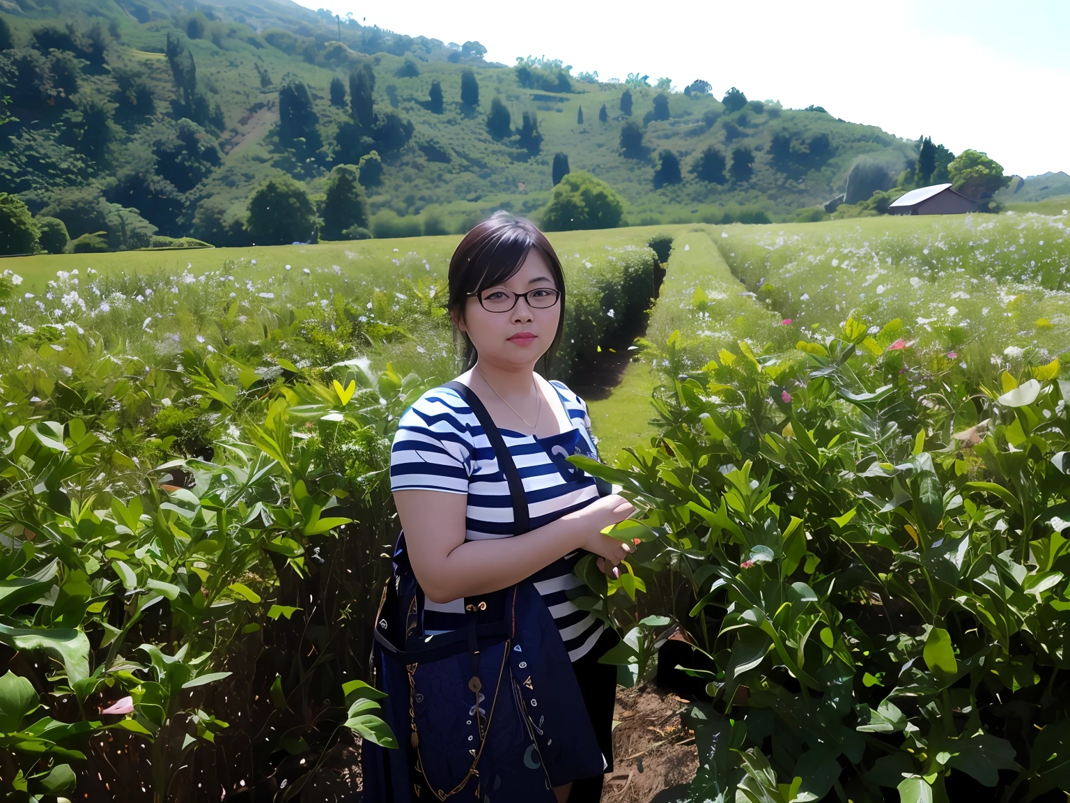 Chinese beauty standing in a field of green plants
