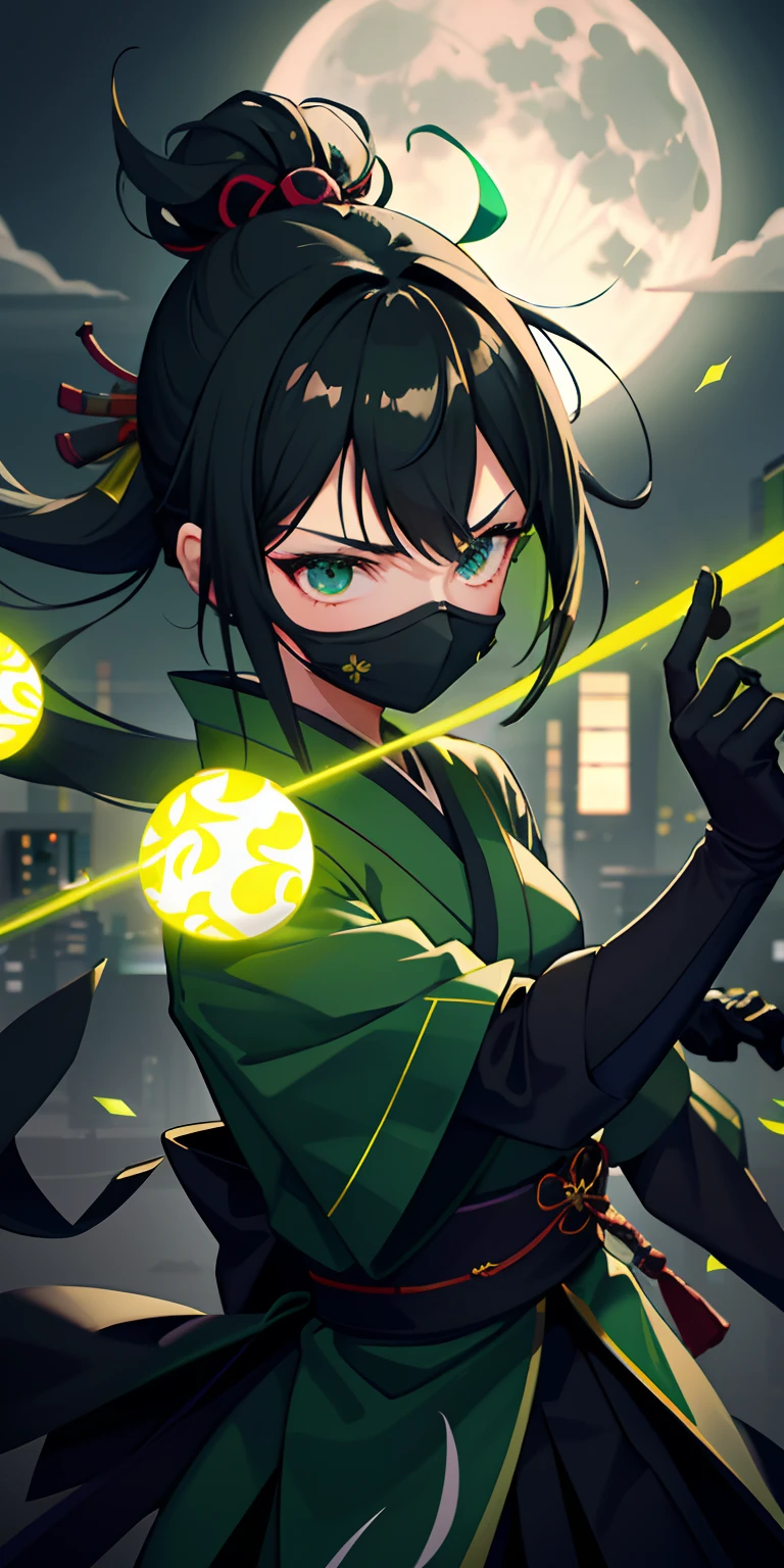 1 girl，Dark green high ponytail hairstyle，Japanese headwear，ninjartist，Delicate black and green ninja costumes，Black mask，Grim expression，Bright full moon，Neon City，tmasterpiece，