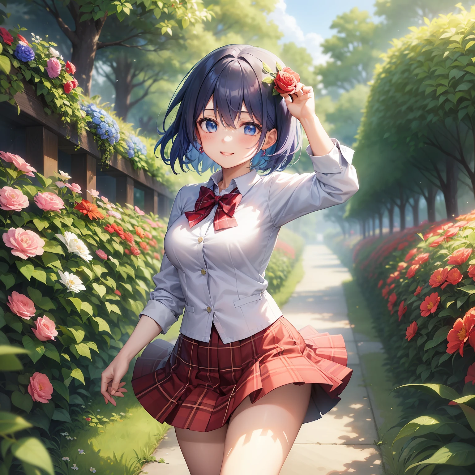 "beautiful anime style"、one girls、short blue hair、blue eyess、A smile、blazers、white  shirt、red bowtie、Red plaid skirt、Man in black stockings、Bouquet in hand、Scene of dancing in a summer flower garden。High quality depiction and best quality、Emphasis on the thighs、In the dazzling sunshine、full body Esbian