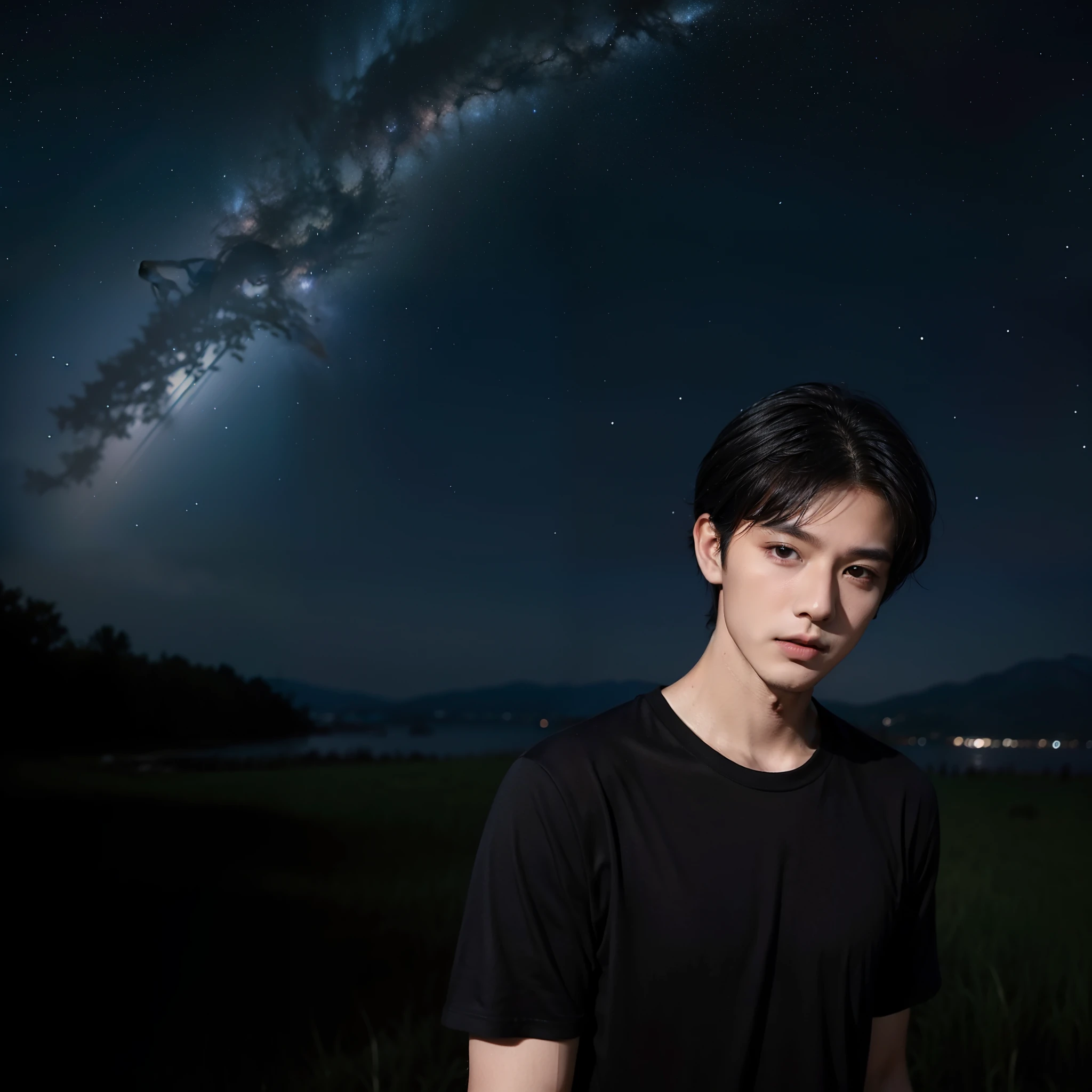 (Short black hair:1.2)、(Wear short sleeves:1.2)、(Good facial features:1.1)、(Young men:1.2)，(dark night background:1.2)、(starrysky:1.1)、(The stars shine:1.2)。In this painting，A young man stands in the night。He has short black hair，Wear a simple short-sleeved shirt，Show youthful vitality。His facial features are very straightforward，It gives a feeling of being handsome and tall。The background is a dark night sky，Stars shine in the starry sky，It adds to the mystery and romance of the picture。The whole picture is full of mystery，One can't help but imagine the story of this young man