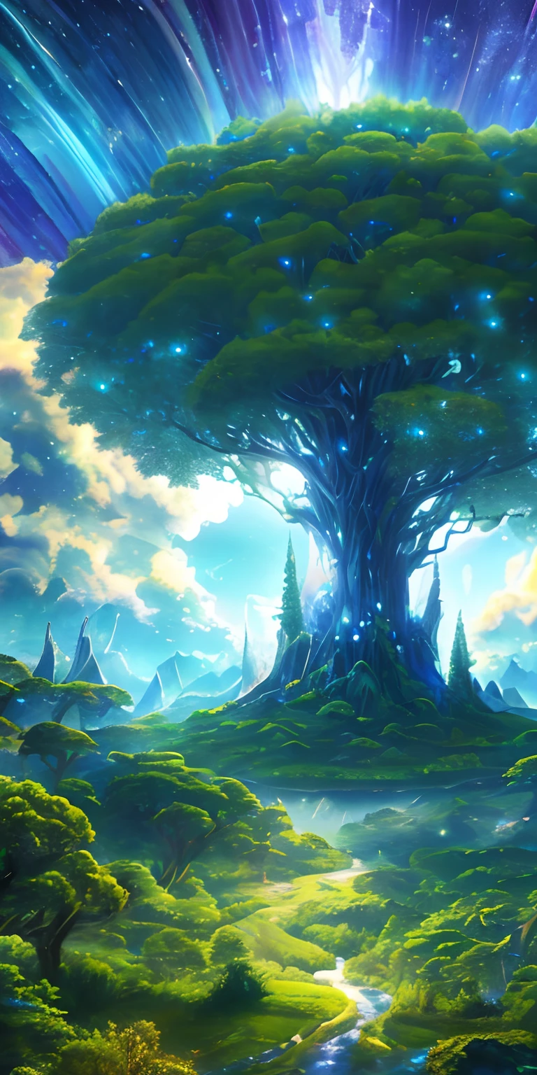Illustration of a surreal, otherworldly, hyper sky scene including a giant crystal tree full body, highly detailed and magical lighting, intricate forest details, vegetation and surrounding river, solar punk, landscape, giant tree , beautiful green leaves, beautiful lighting and realistic proportions, as if this is a movie background, 8k, highest quality, masterpiece, clouds and stars in the sky.
