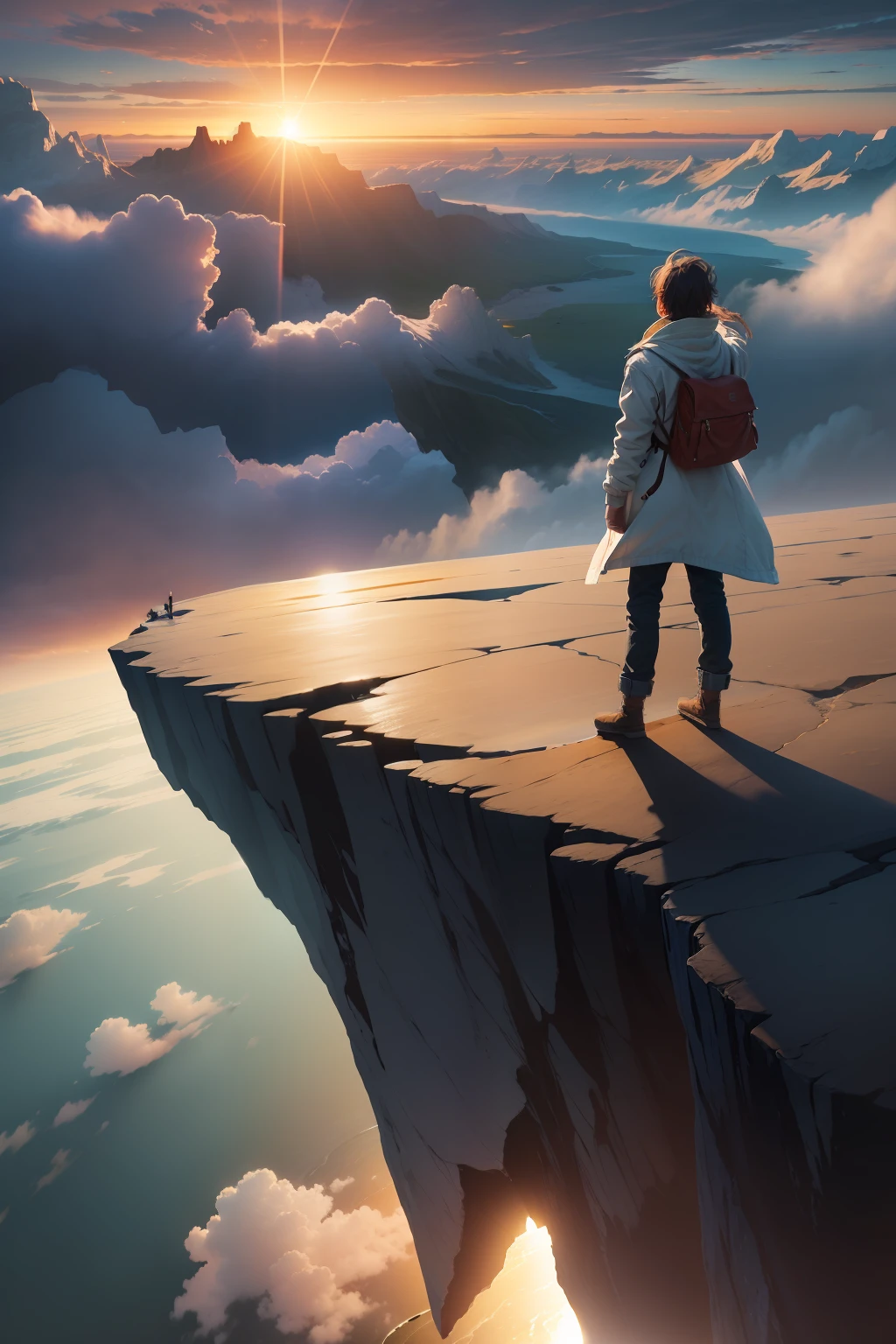 The picture shows a person standing at the edge of a cliff with their arms outstretched, ready to embrace the winds of change. The sun is rising in the distance, casting a warm glow on the scene. The person is looking out at the vast expanse of the horizon, teetering between fear and wonder. In the foreground