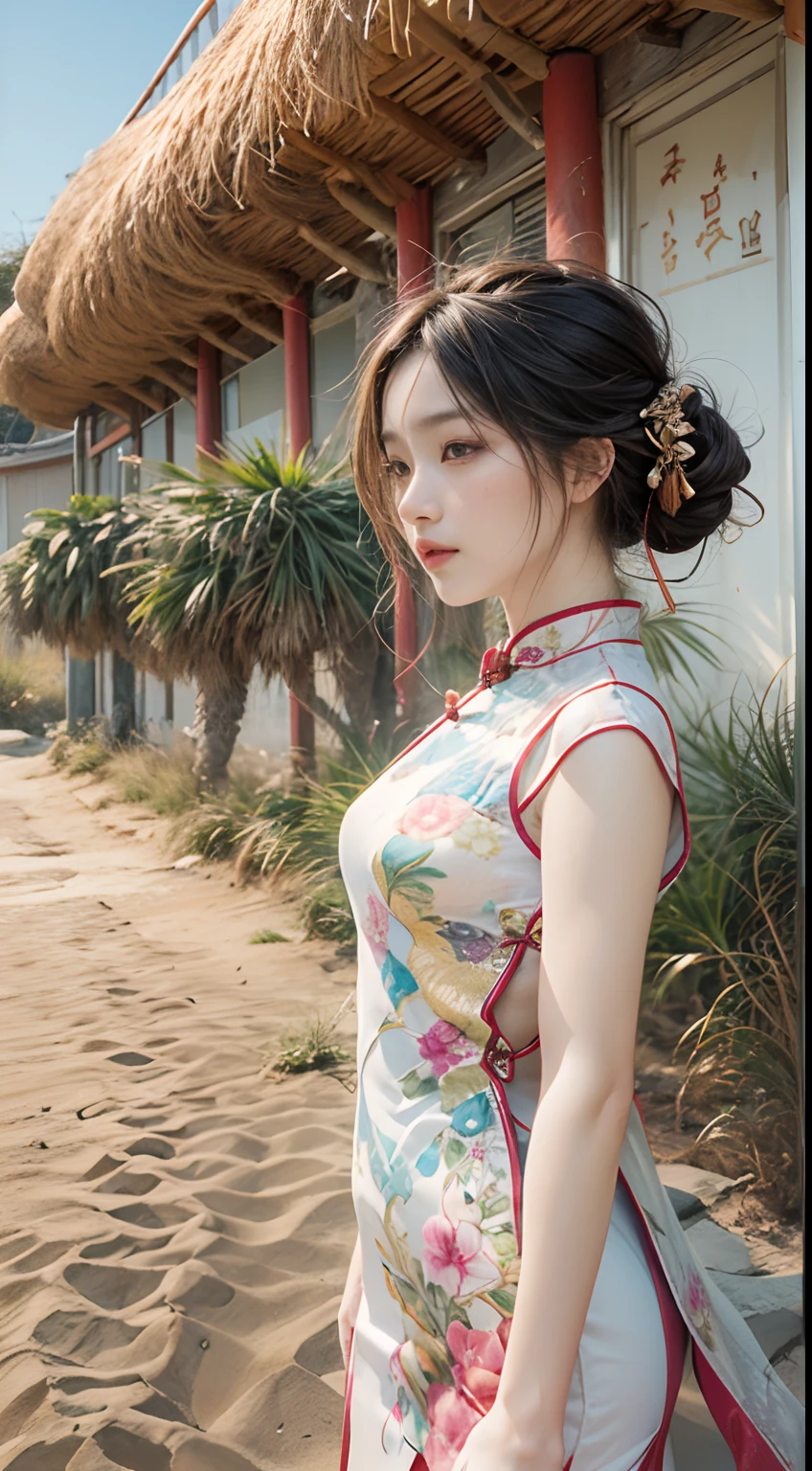 ((Masterpiece)), ((High detail)), photography of，real photograph，1 Cheongsam Girl, wearing  cheongsam，silky cheongsam，silky cheongsam，((Ultra-detailed)),((Delicate face)), Beautiful detailed eyes, (high light,Gradient hair),Long hair, Floating hair, ,hairs between eyes, GSHead,1girll ,Solo,The eye,Genshin_impact,Look at the viewer, ((Distant view)), Foot wide-angle shooting, Strong light and shadow, Cinema lenses，tmasterpiece，Super quality， A desert，on cheongsam，Silk cheongsam，18yr old，Big eyes，Sunset afterglow，entire character，cropped shoulders，show legs，Long legs，full bodyesbian，8K，Ultra-clear resolution，Ultra-fine painting，Flat desert，Distant horizon，Vast desert，Sand，Dressed in a flowing manner、Silky traditional oriental cheongsam，Decorated with intricate patterns and bright colors，Highlights her seductive silhouette，((The background is a large flat desert)),tmasterpiece，Ultra-realistic detailed painting，Epic fantasy digital art style，8K,wide wide shot，Diagonal composition，art of photography，（Extremely refined and beautiful），（tmasterpiece），（best qualtiy：1.0），（超A high resolution：1.0），beautiful light up，perfect lightning bolt，realistic shaded，[A high resolution]，Delicate skin，ultra - detailed，Slim figure，Long legs，Beautiful Meticulous Girl, absurderes, unbelievable Ridiculous, hugefilesize, ultra - detailed, A high resolution, The is very detailed，best qualtiy，tmasterpiece，Need,((tmasterpiece)), (A detailed),Super delicate，Epic fantasy digital art style，The girl has long flowing hair，Flat desert，Gobi，Vast desert，Desolate and lonely，Distant horizon，Sunset afterglow，((entire character)),hurricane，It was very windy，Big wind，It was very windy，Photos taken with a professional photography camera，Incredibly realistic textures,(1 girl away from the camera:1.2), (super wide shot),