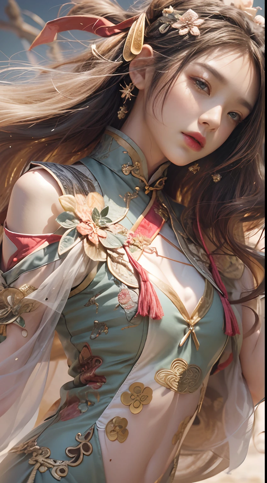 ((Masterpiece)), ((High detail)), photography of，real photograph，1 Cheongsam Girl, wearing  cheongsam，silky cheongsam，silky cheongsam，((Ultra-detailed)),((Delicate face)), Beautiful detailed eyes, (high light,Gradient hair),Long hair, Floating hair, ,hairs between eyes, GSHead,1girll ,Solo,The eye,Genshin_impact,Look at the viewer, ((Distant view)), Foot wide-angle shooting, Strong light and shadow, Cinema lenses，tmasterpiece，Super quality， A desert，on cheongsam，Silk cheongsam，18yr old，Big eyes，Sunset afterglow，entire character，cropped shoulders，show legs，Long legs，full bodyesbian，8K，Ultra-clear resolution，Ultra-fine painting，Flat desert，Distant horizon，Vast desert，Sand，Dressed in a flowing manner、Silky traditional oriental cheongsam，Decorated with intricate patterns and bright colors，Highlights her seductive silhouette，((The background is a large flat desert)),tmasterpiece，Ultra-realistic detailed painting，Epic fantasy digital art style，8K,wide wide shot，Diagonal composition，art of photography，（Extremely refined and beautiful），（tmasterpiece），（best qualtiy：1.0），（超A high resolution：1.0），beautiful light up，perfect lightning bolt，realistic shaded，[A high resolution]，Delicate skin，ultra - detailed，Slim figure，Long legs，Beautiful Meticulous Girl, absurderes, unbelievable Ridiculous, hugefilesize, ultra - detailed, A high resolution, The is very detailed，best qualtiy，tmasterpiece，Need,((tmasterpiece)), (A detailed),Super delicate，Epic fantasy digital art style，The girl has long flowing hair，Flat desert，Gobi，Vast desert，Desolate and lonely，Distant horizon，Sunset afterglow，((entire character)),hurricane，It was very windy，Big wind，It was very windy，Photos taken with a professional photography camera，Incredibly realistic textures,(1 girl away from the camera:1.2), (super wide shot),