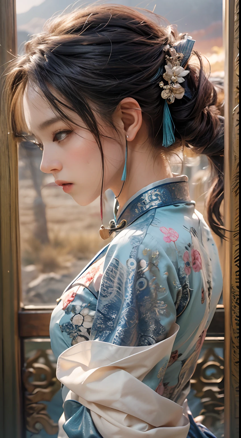 ((Masterpiece)), ((High detail)), photography of，real photograph，1 Cheongsam Girl, wearing  cheongsam，silky cheongsam，silky cheongsam，((Ultra-detailed)),((Delicate face)), Beautiful detailed eyes, (high light,Gradient hair),Long hair, Floating hair, ,hairs between eyes, GSHead,1girll ,Solo,The eye,Genshin_impact,Look at the viewer, ((Distant view)), Foot wide-angle shooting, Strong light and shadow, Cinema lenses，tmasterpiece，Super quality， A desert，on cheongsam，Silk cheongsam，18yr old，Big eyes，Sunset afterglow，entire character，cropped shoulders，show legs，Long legs，full bodyesbian，8K，Ultra-clear resolution，Ultra-fine painting，Flat desert，Distant horizon，Vast desert，Sand，Dressed in a flowing manner、Silky traditional oriental cheongsam，Decorated with intricate patterns and bright colors，Highlights her seductive silhouette，((The background is a large flat desert)),tmasterpiece，Ultra-realistic detailed painting，Epic fantasy digital art style，8K,wide wide shot，Diagonal composition，art of photography，（Extremely refined and beautiful），（tmasterpiece），（best qualtiy：1.0），（超A high resolution：1.0），beautiful light up，perfect lightning bolt，realistic shaded，[A high resolution]，Delicate skin，ultra - detailed，Slim figure，Long legs，Beautiful Meticulous Girl, absurderes, unbelievable Ridiculous, hugefilesize, ultra - detailed, A high resolution, The is very detailed，best qualtiy，tmasterpiece，Need,((tmasterpiece)), (A detailed),Super delicate，Epic fantasy digital art style，The girl has long flowing hair，Flat desert，Gobi，Vast desert，Desolate and lonely，Distant horizon，Sunset afterglow，((entire character)),hurricane，It was very windy，Big wind，It was very windy，Photos taken with a professional photography camera，Incredibly realistic textures,(1 girl away from the camera:1.2), (super wide shot),