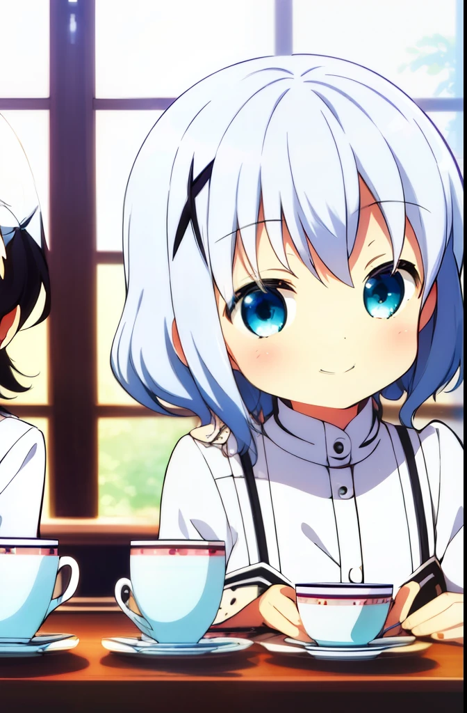 masterpiece, 2girl, short hair, white hair, having a teacup, smiling, best quality