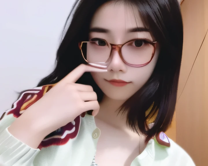 a close up of a woman wearing glasses and a bra top, With glasses, 19-year-old girl, 18 years old, 1 8 I, Profile image, eye glass, wearing thin large round glasses, xintong chen, 2 , Korean girl, xision wu, Chinese girl, ulzzangs, personal profile picture, a girl with round glasses