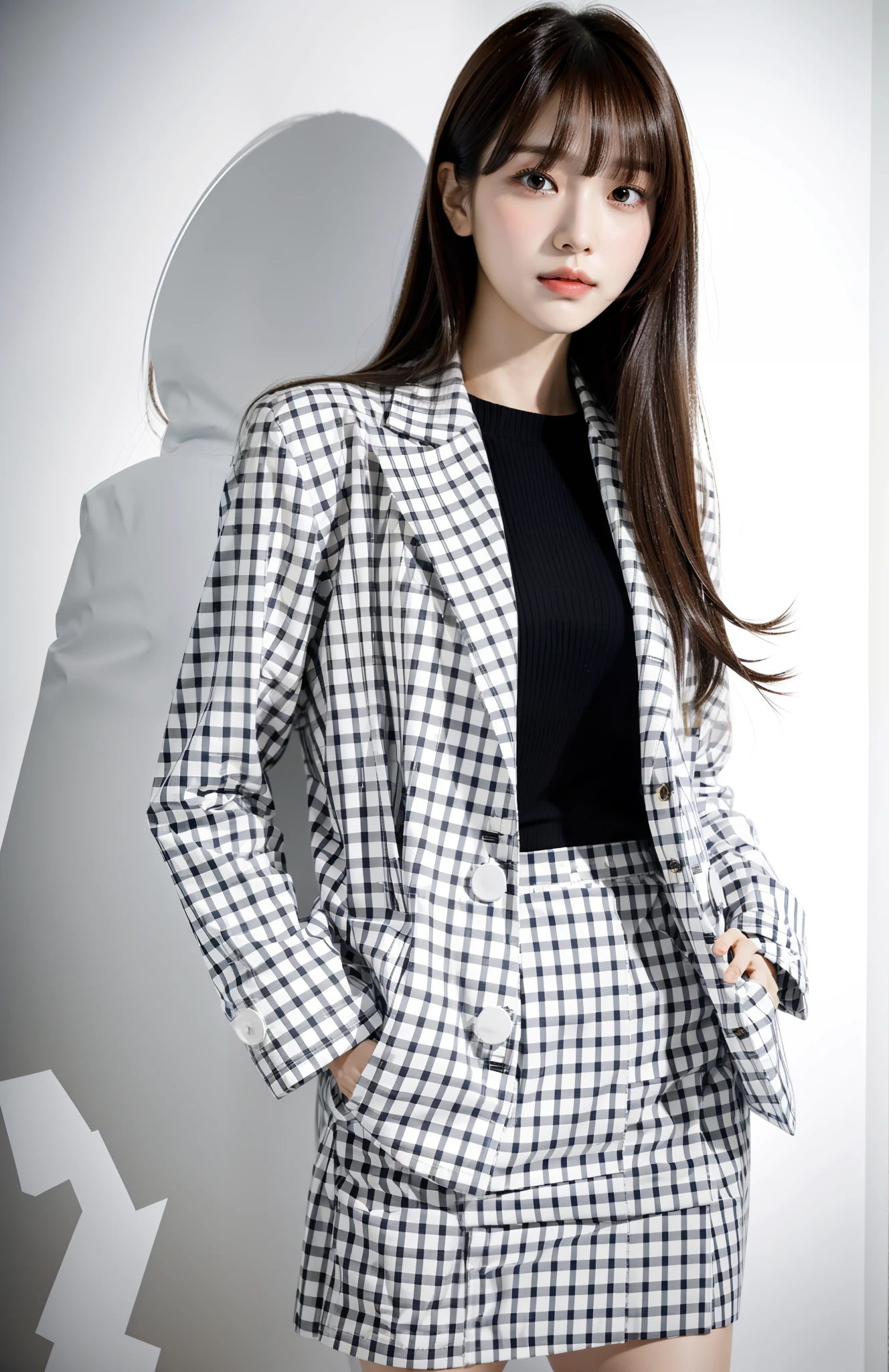 ((masutepiece, of the highest quality, High Definition)),Woman in skirt and jacket posing for magazine, style of yoshii chie, Styling, White skirt, modern fashion outfit, Office Clothes, tokyo fashion, simple style, casual business outfit, Yasumoto Oka, japanic style, off - white style,feminine makeup, ((Feminine long hair, Dark brown hair color, oblique bangs: 1.5)),